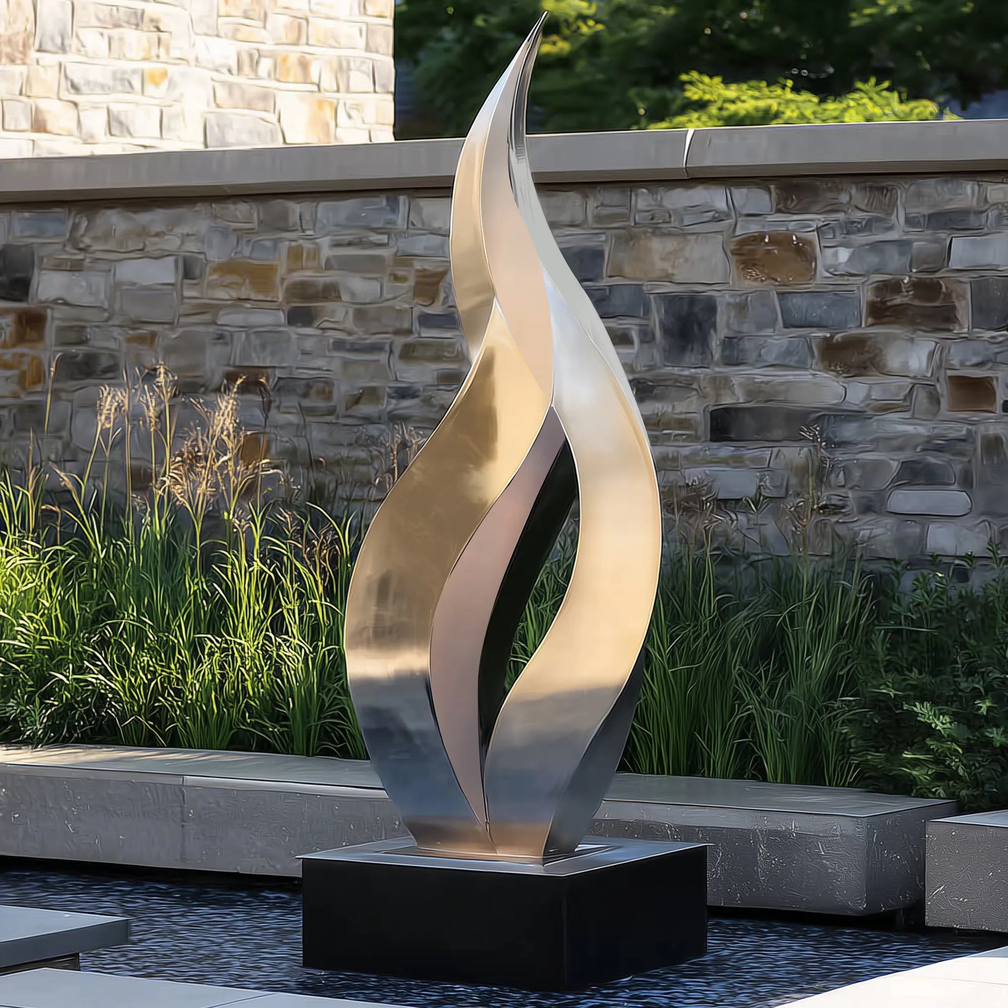 Modern stainless steel sculpture with abstract design for outdoor spaces.
