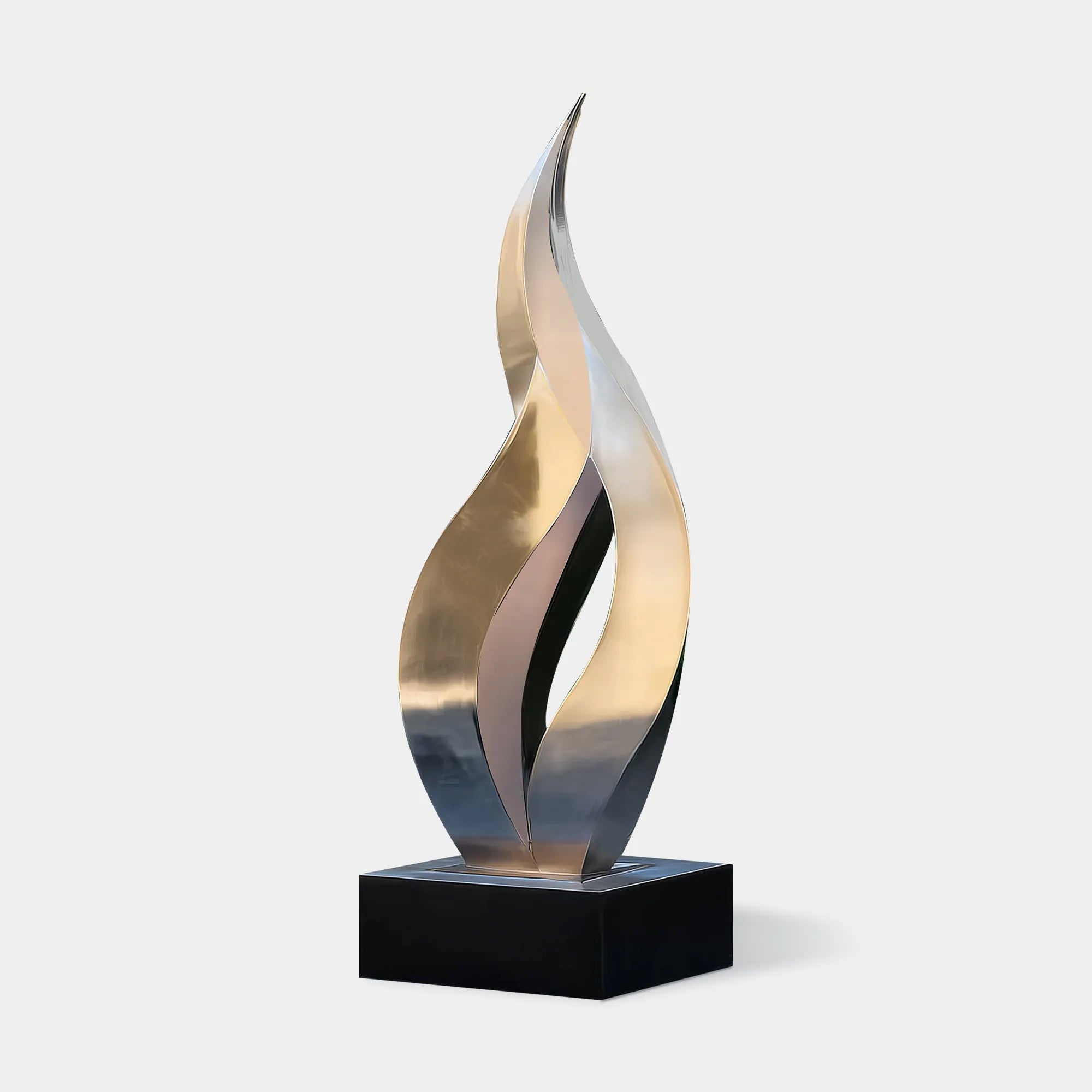 Modern stainless steel sculpture with abstract design for outdoor spaces.