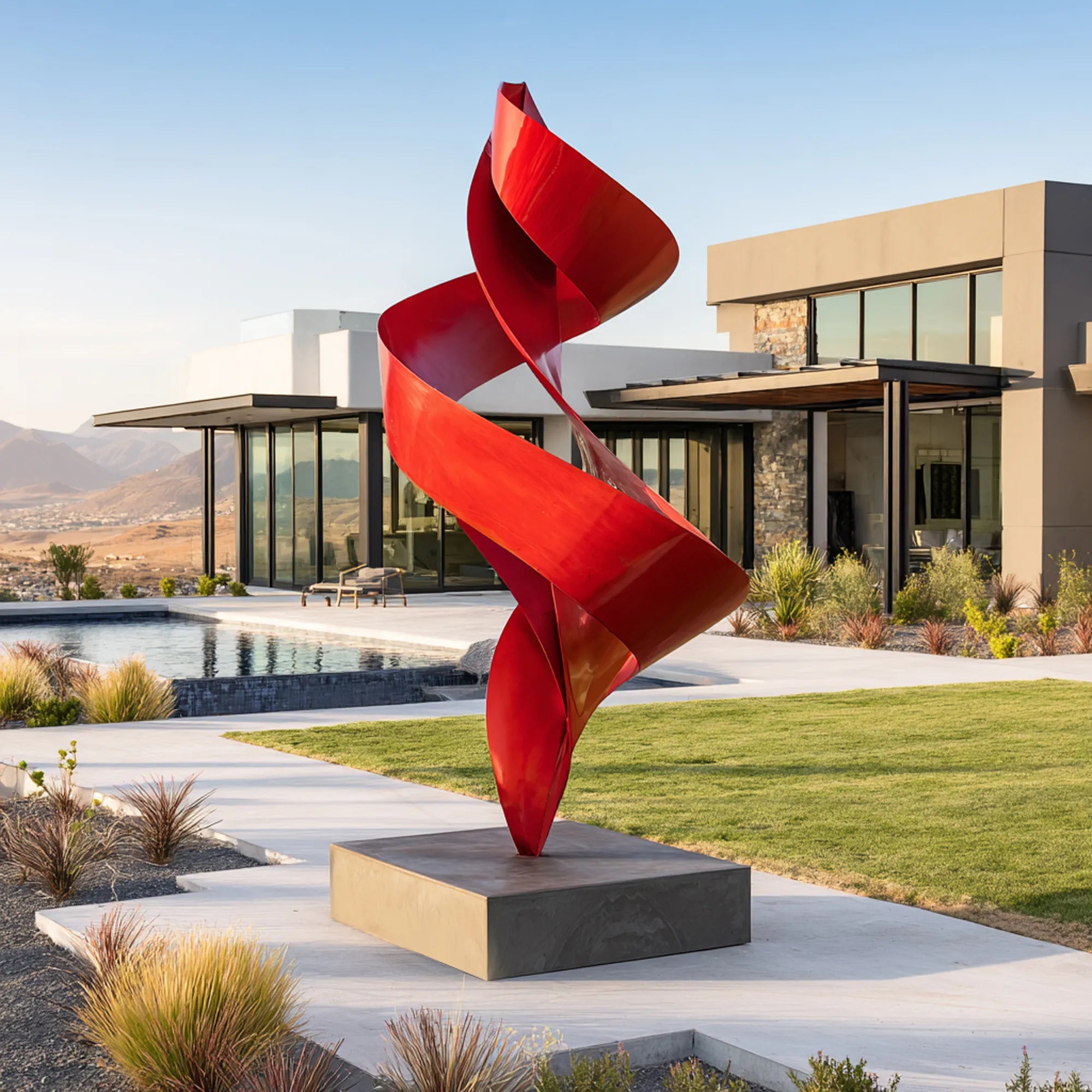 Red abstract sculpture in stainless steel with modern design for outdoor spaces.
