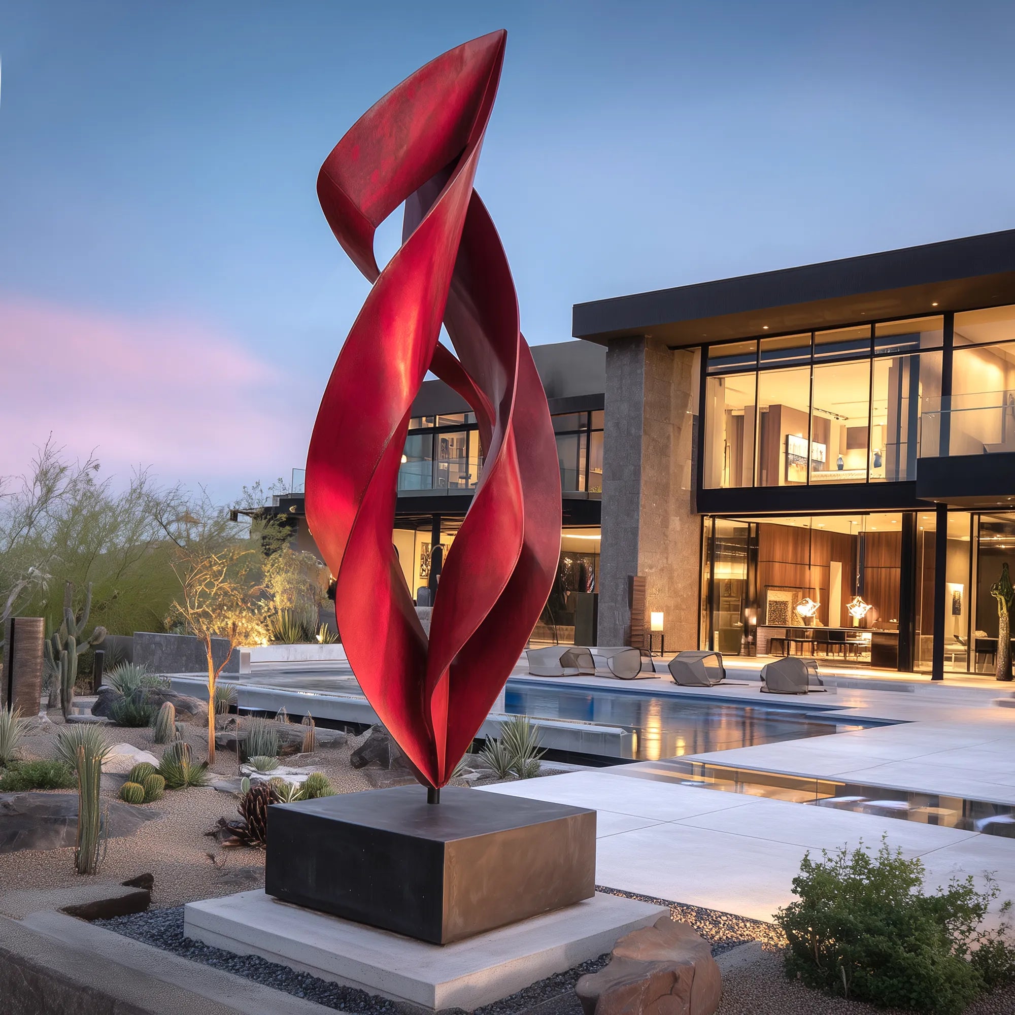 Abstract spiral sculpture in stainless steel with flame inspired ribbon design for luxury villas.