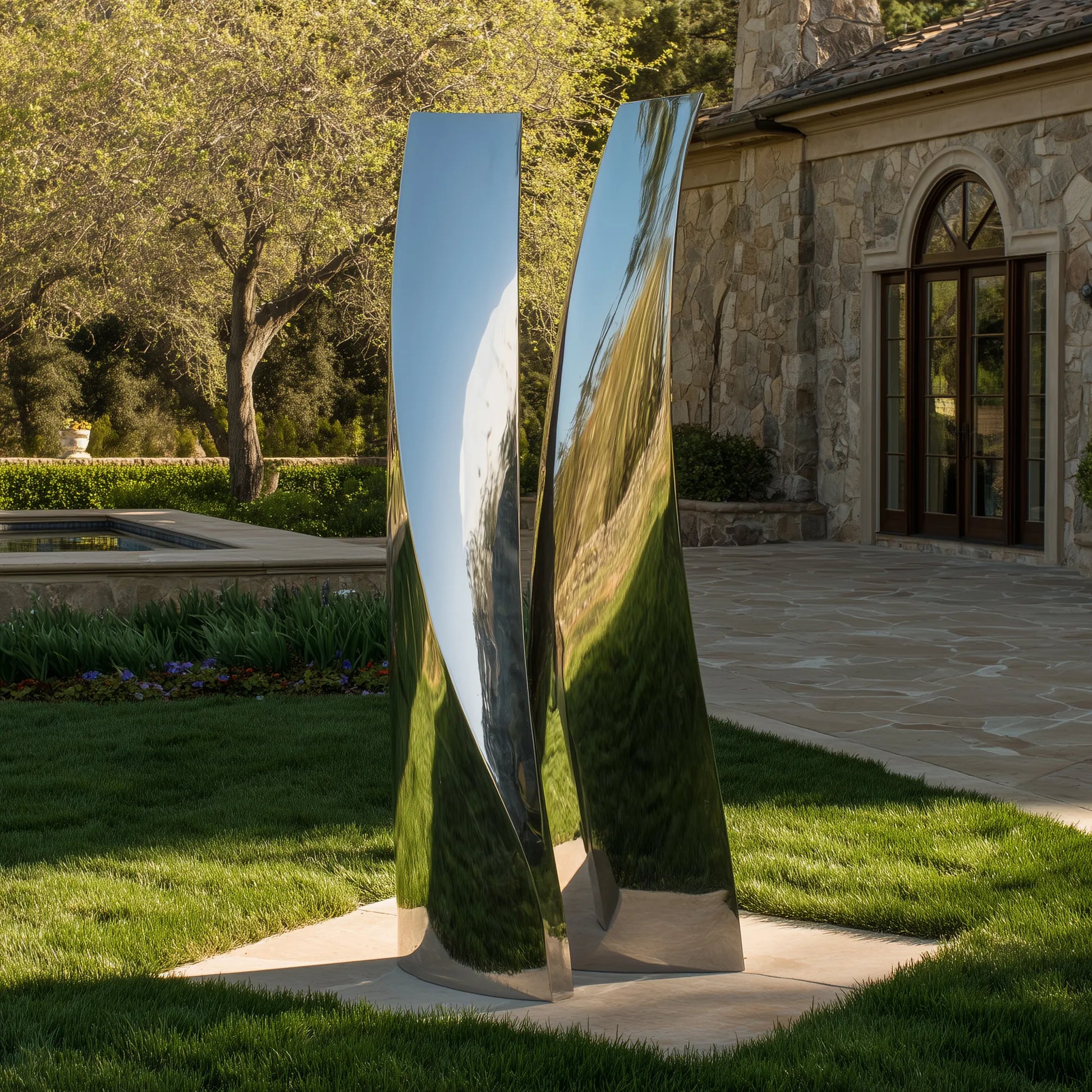 Modern stainless steel sculpture with abstract design for contemporary villas.