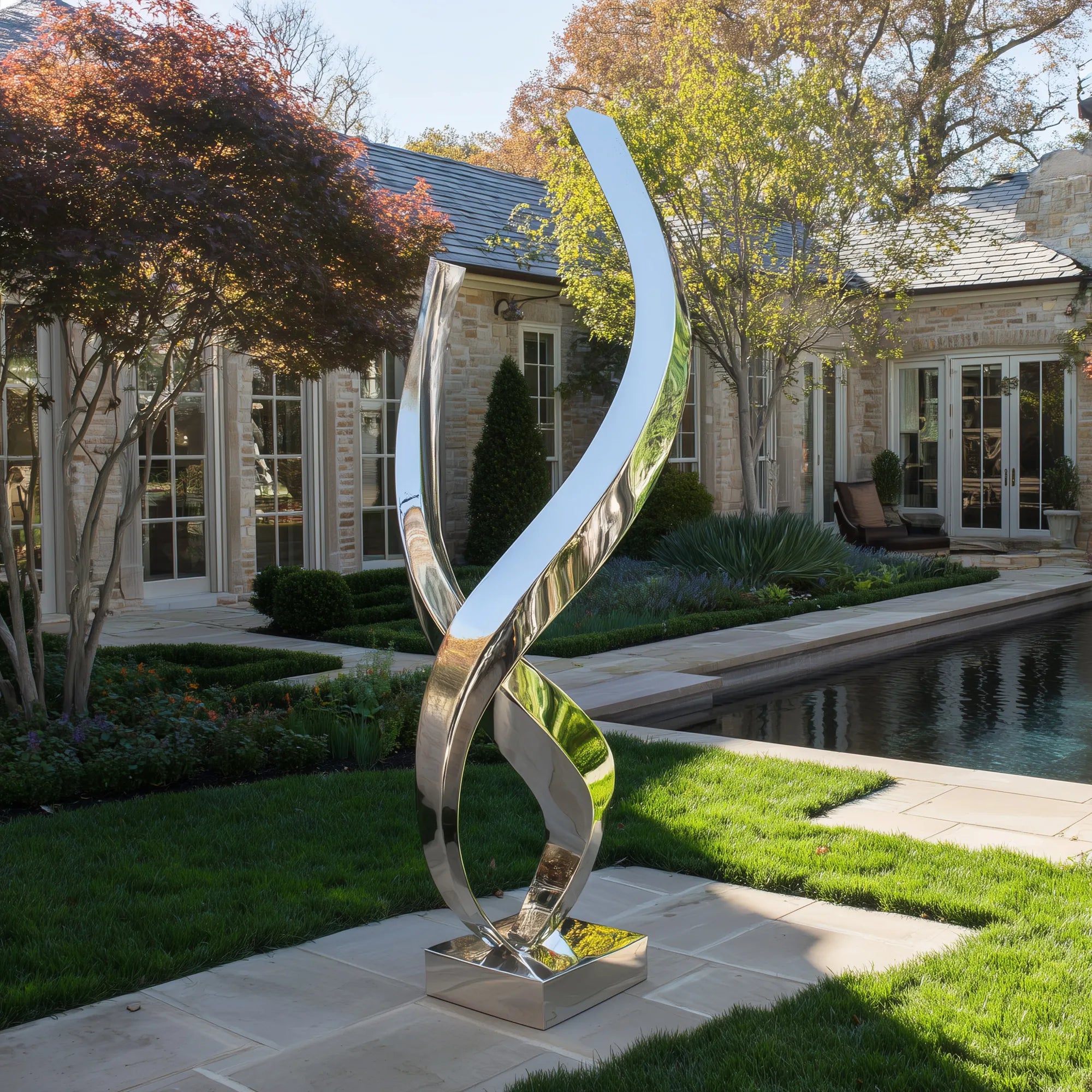 Modern Sculpture in Polished Stainless Steel with Fluid Twisting Design for Outdoors