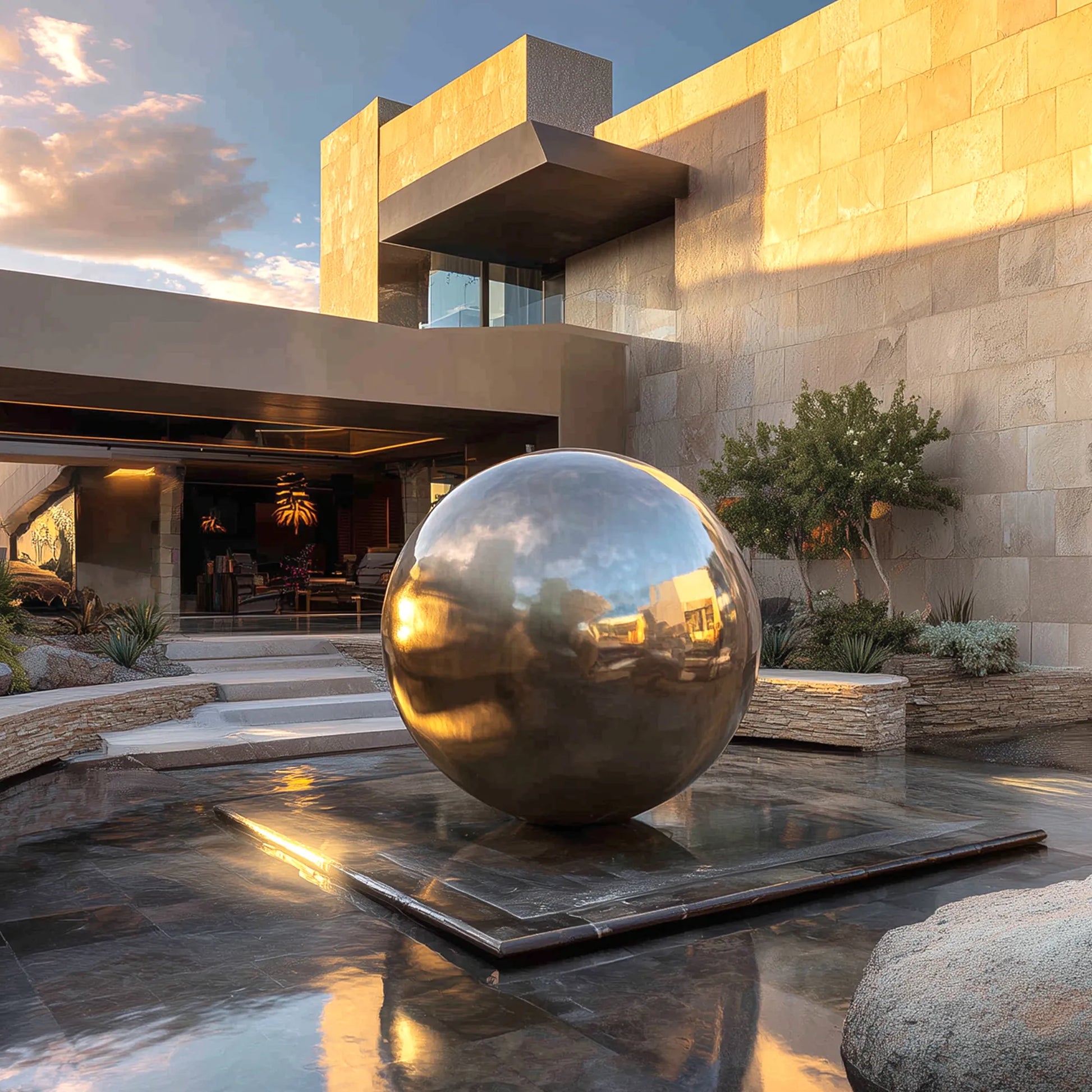 Sphere Sculpture in Polished Stainless Steel for Luxury Gardens.