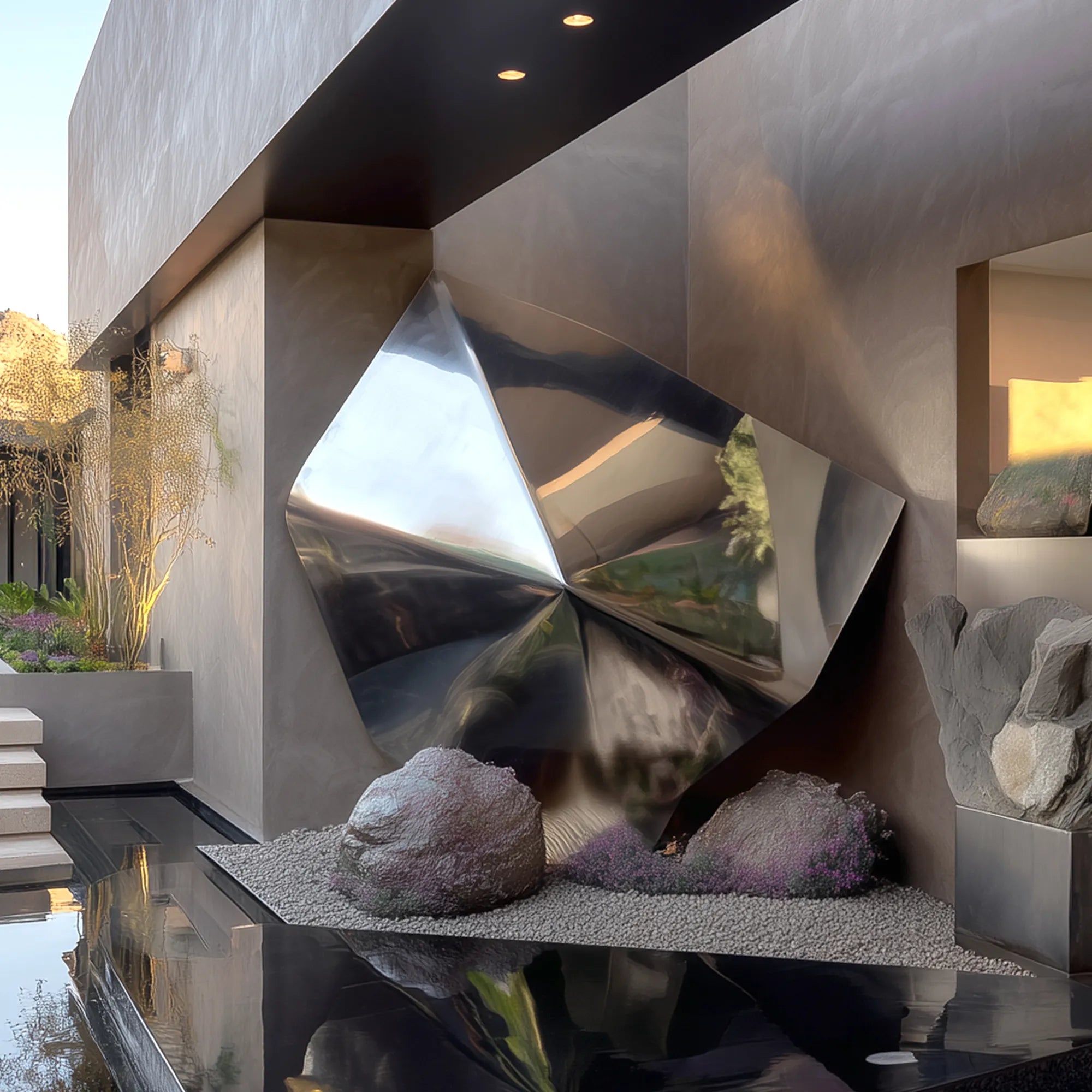 Polished Stainless Steel Sculpture with Abstract Design for Luxury Villas.