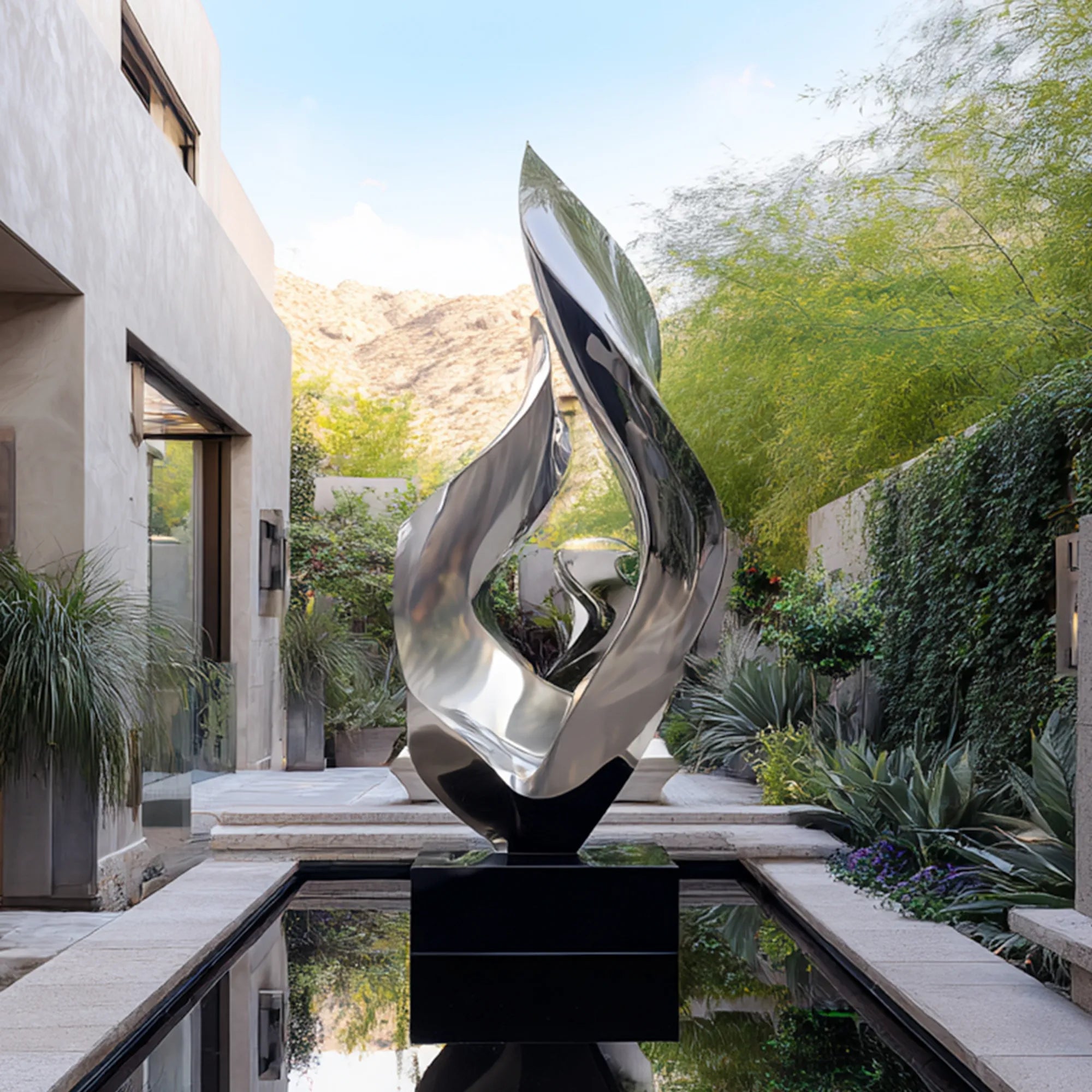 Stainless Steel Sculpture with Fluid Shape for Poolsides