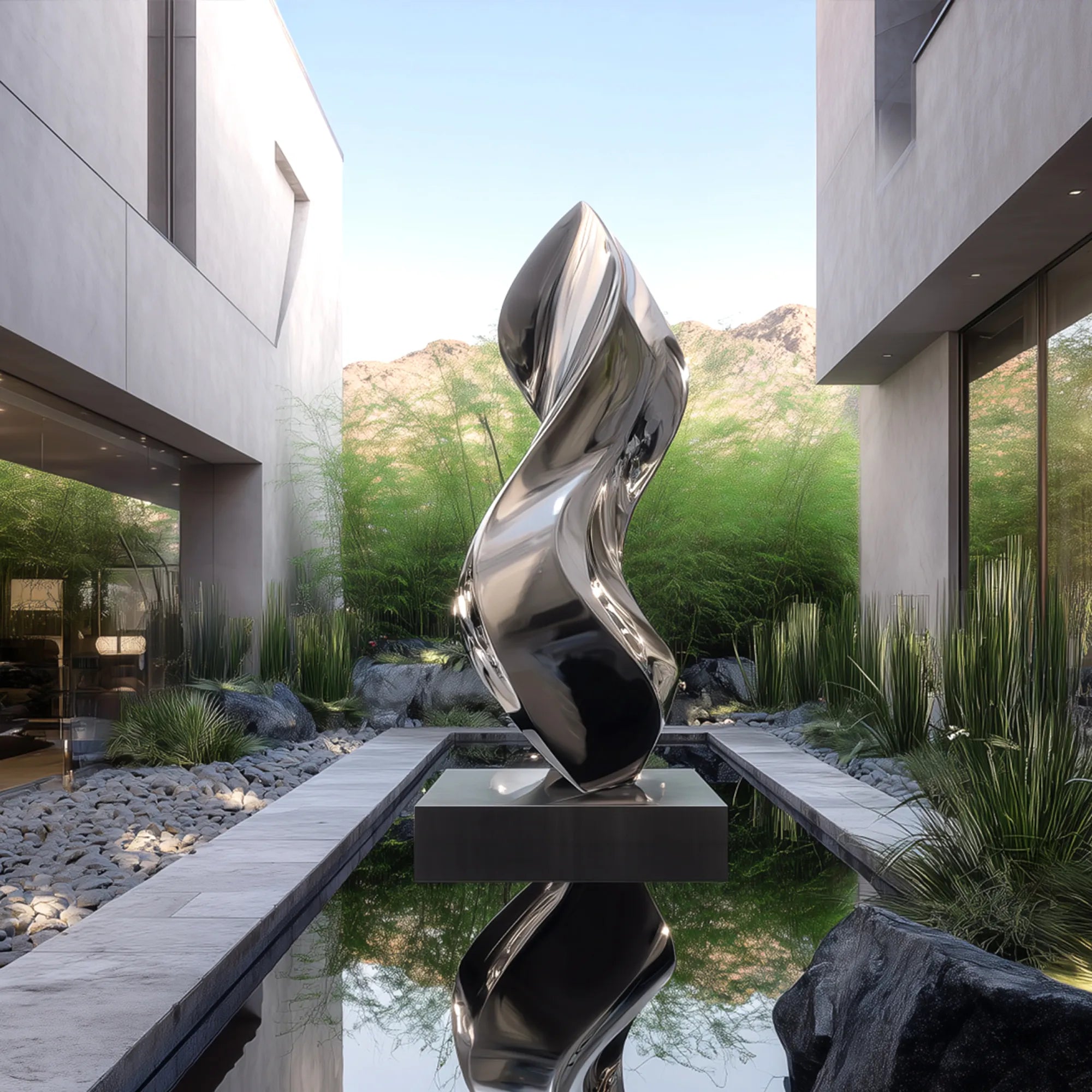 Abstract Sculpture in Stainless Steel with Flowing Spiral Design for Outdoors