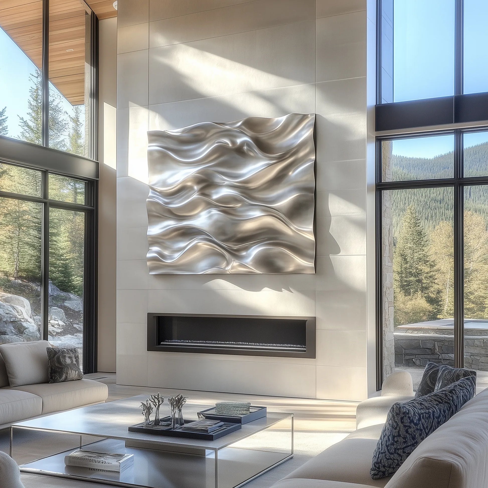 Modern Wall Sculpture in Stainless Steel with Flowing Wave Design for Luxury Villas