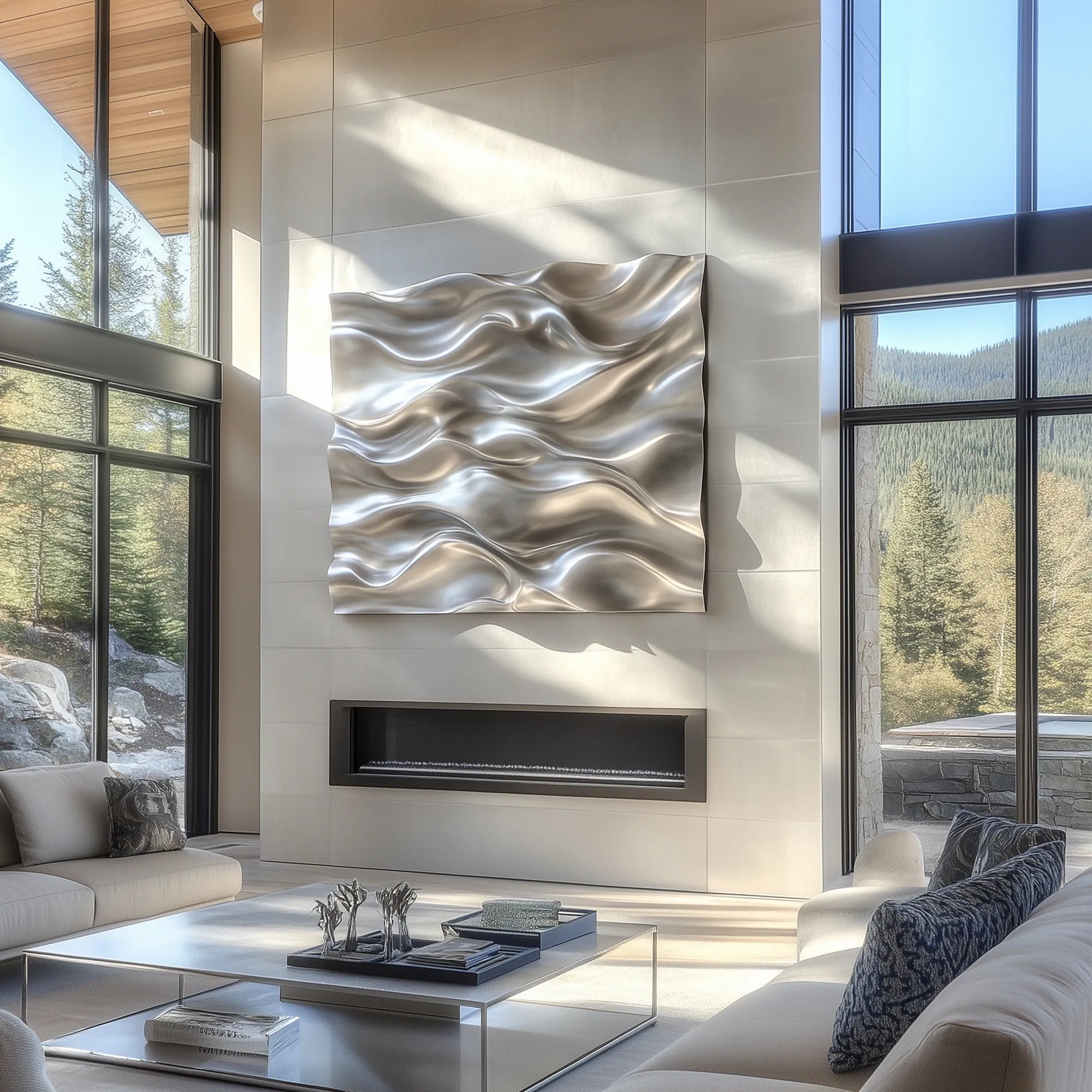 Modern Wall Sculpture in Stainless Steel with Flowing Wave Design for Luxury Villas