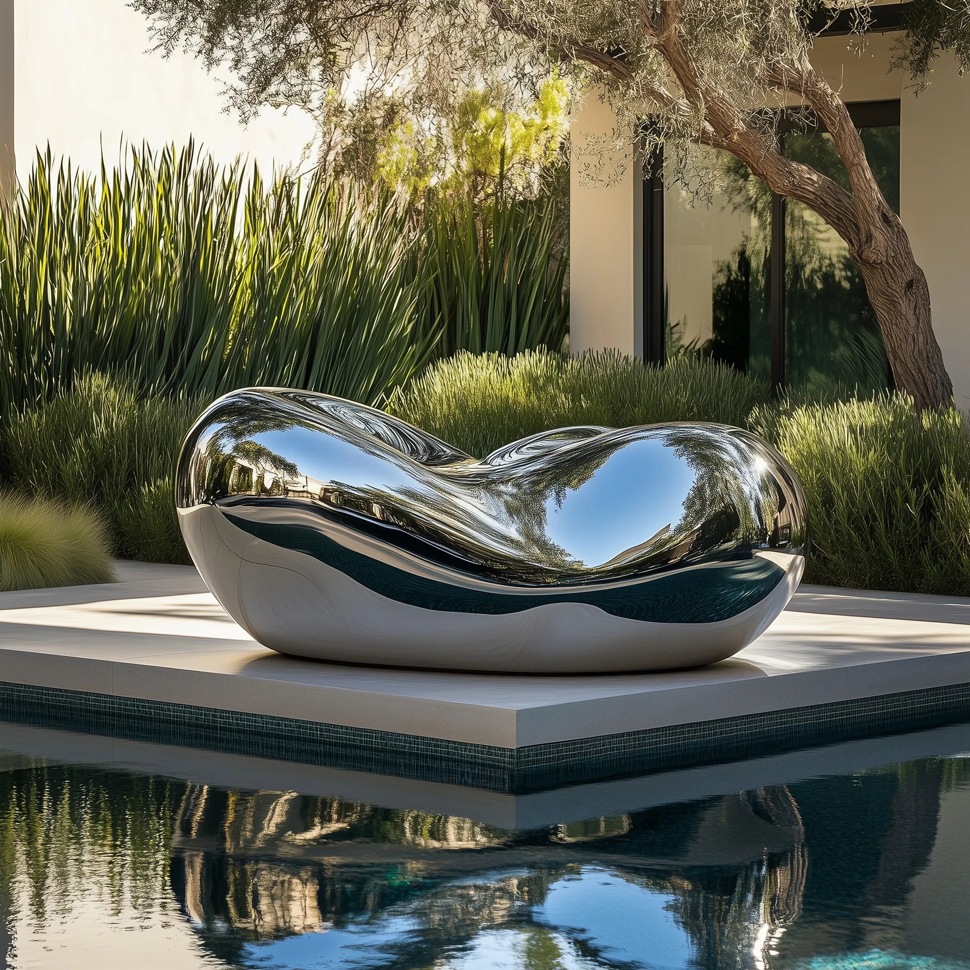 Stainless Steel Sculpture with Organic Flowing Form for Luxury Villas and Poolsides