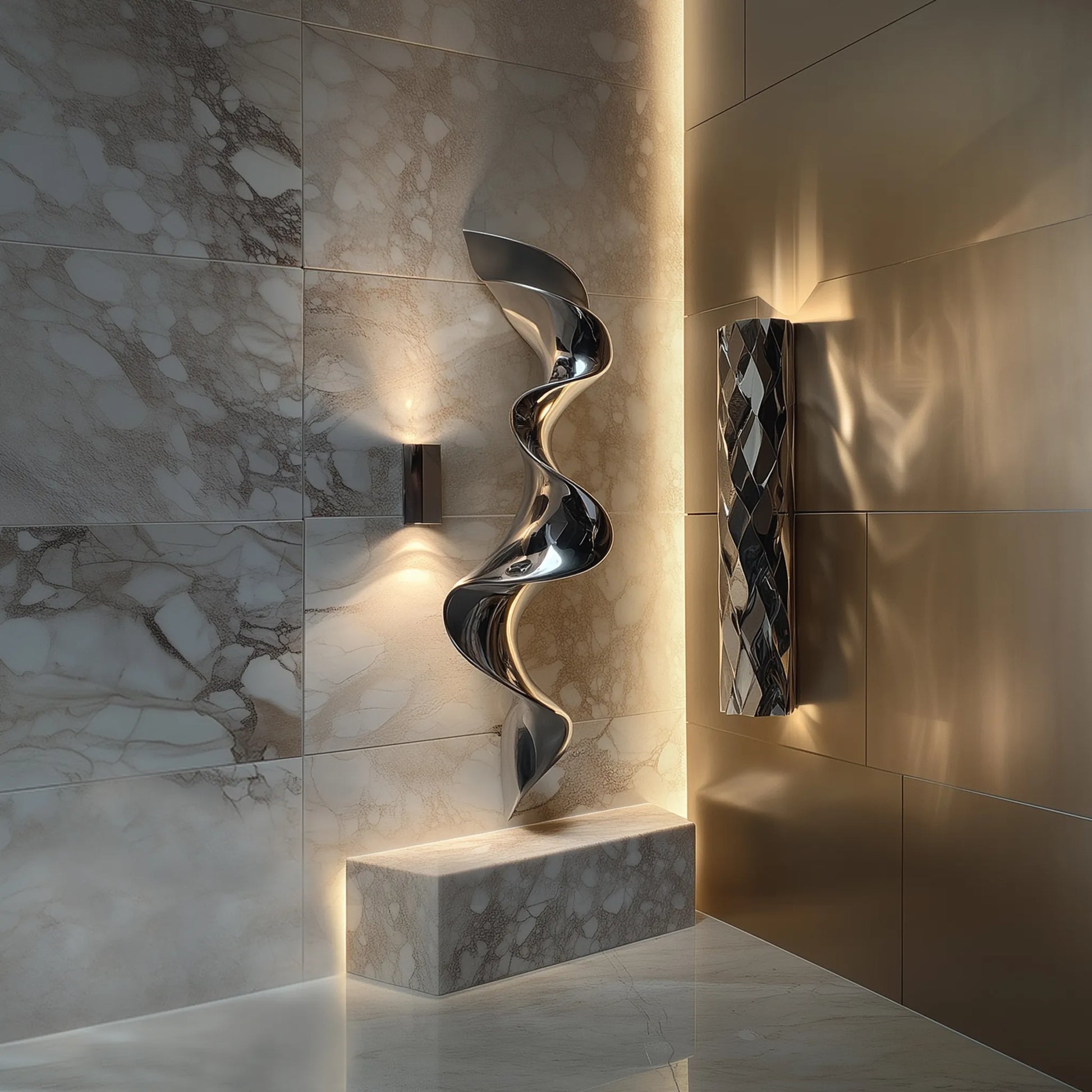 Modern wall sculpture with waveform design for luxury interiors.
