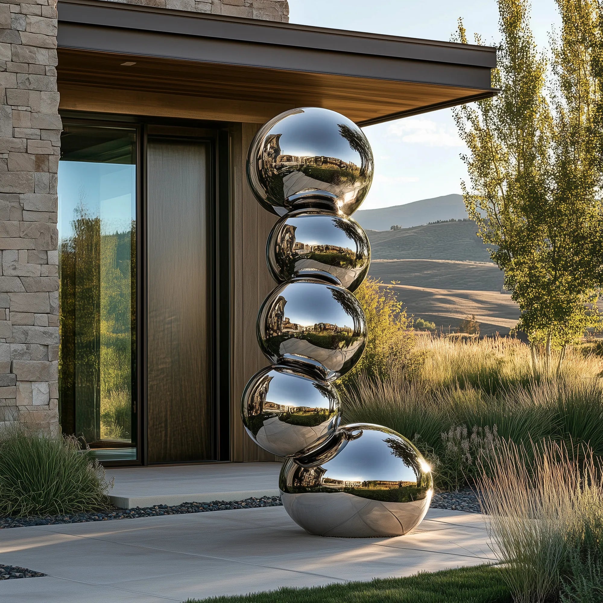 Stainless steel sphere sculpture with abstract design for modern outdoor spaces.