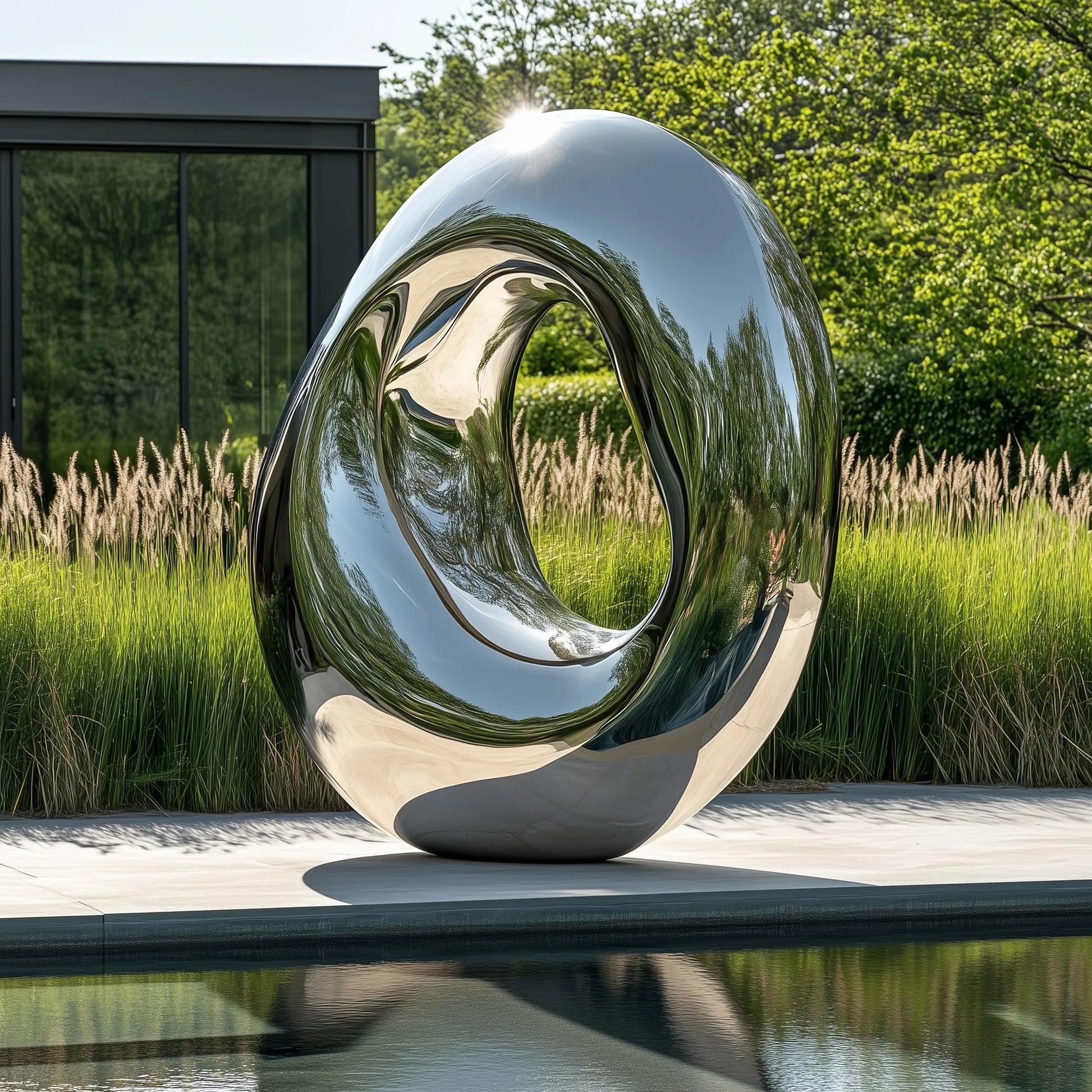 Ring sculpture in stainless steel with abstract design for modern outdoor art.