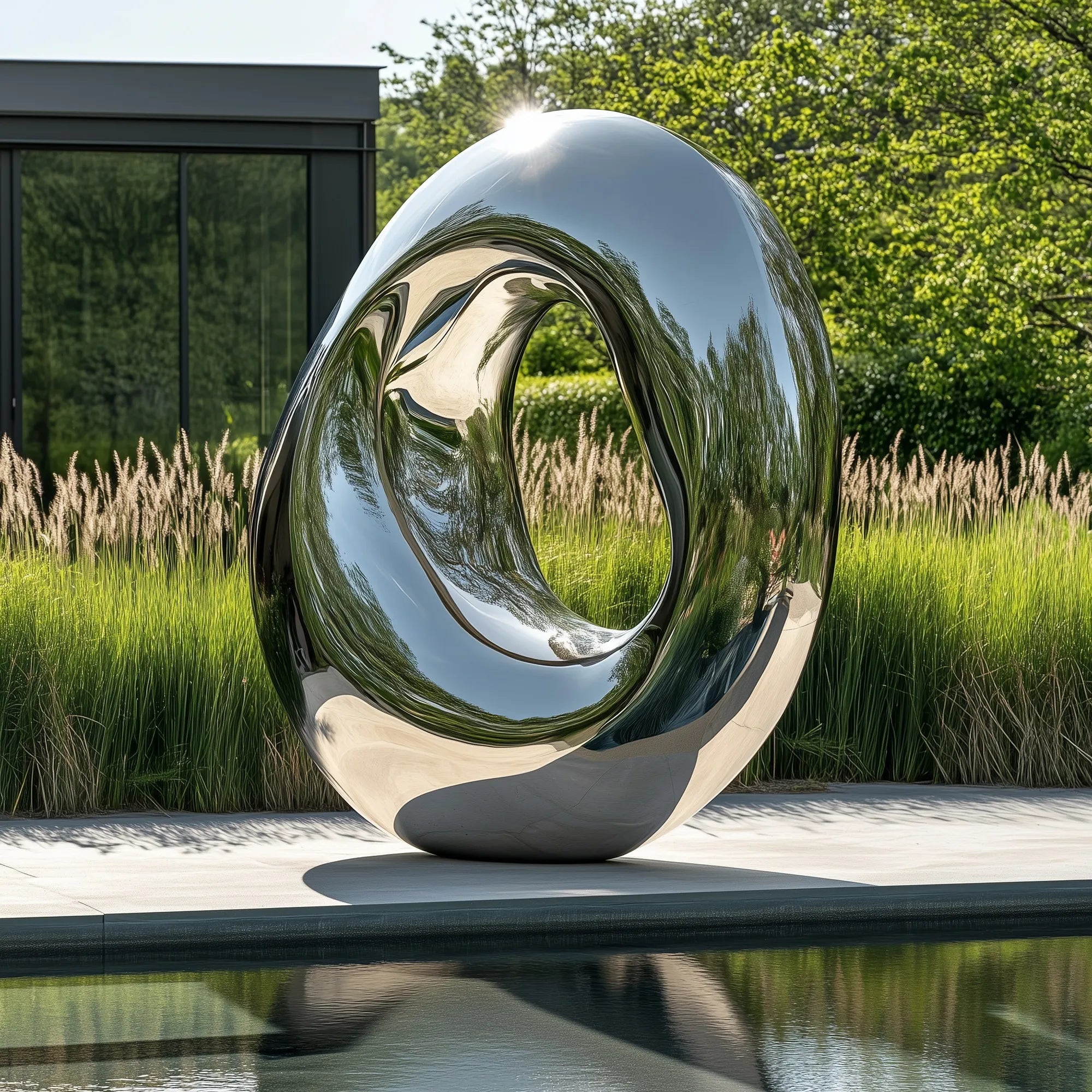 Ring sculpture in stainless steel with abstract design for modern outdoor art.