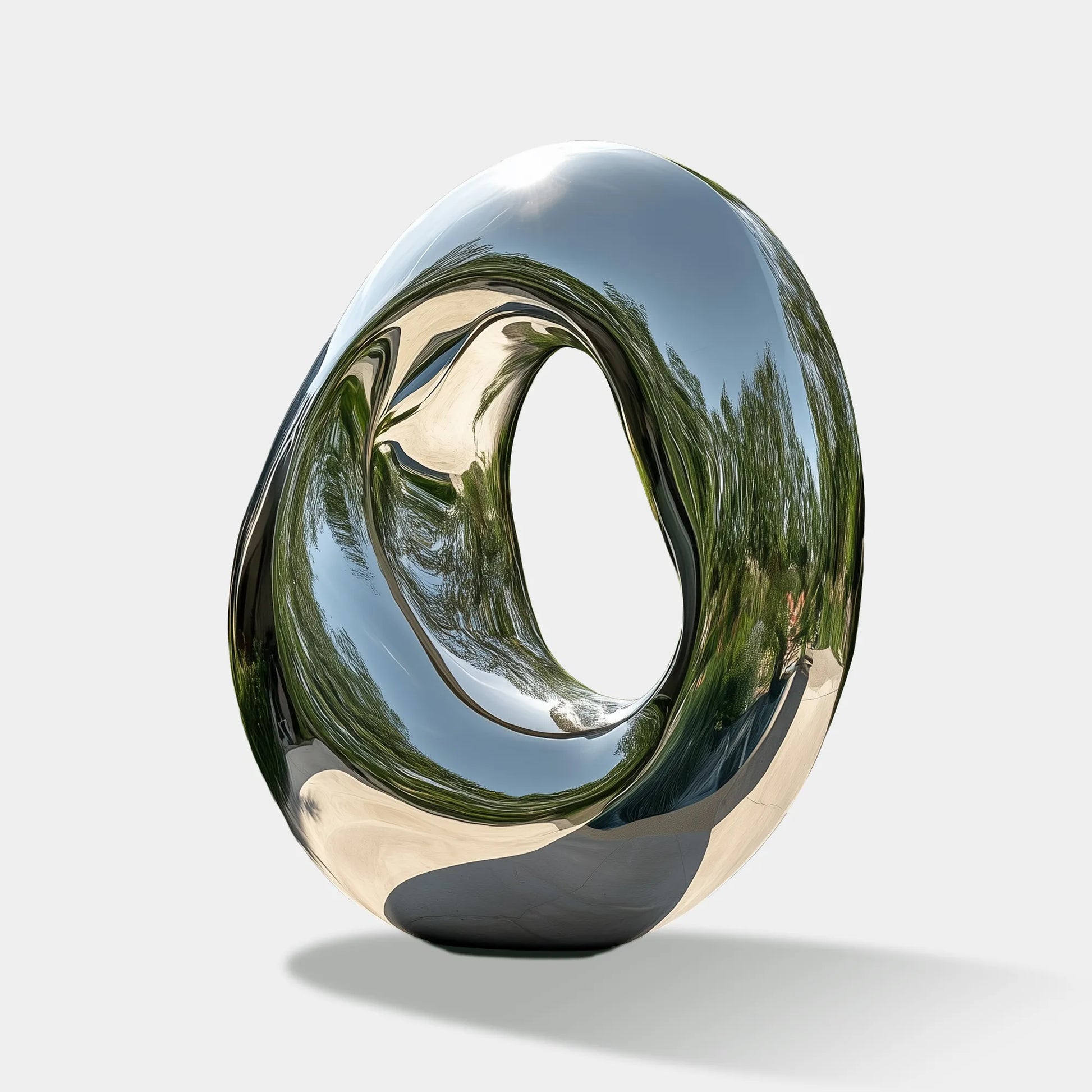 Ring sculpture in stainless steel with abstract design for modern outdoor art.