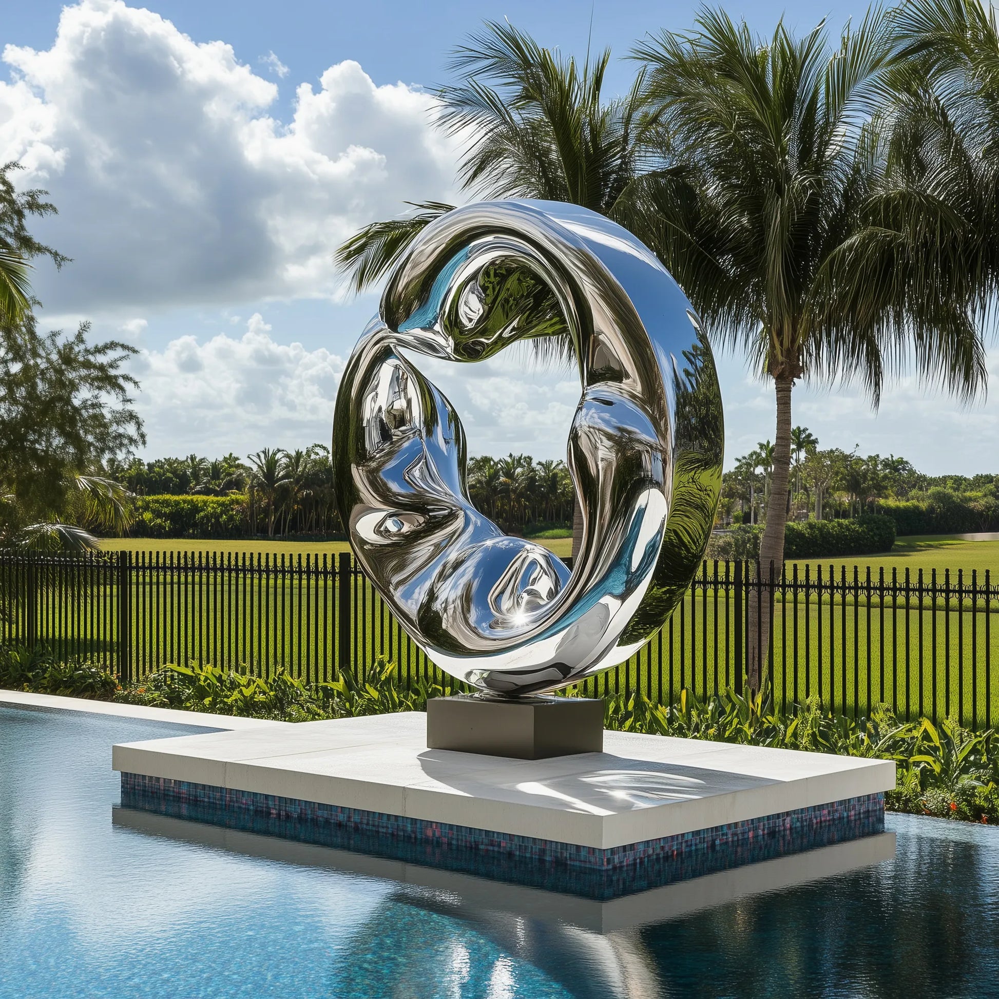 Contemporary stainless steel ring sculpture with waveform design for poolsides.