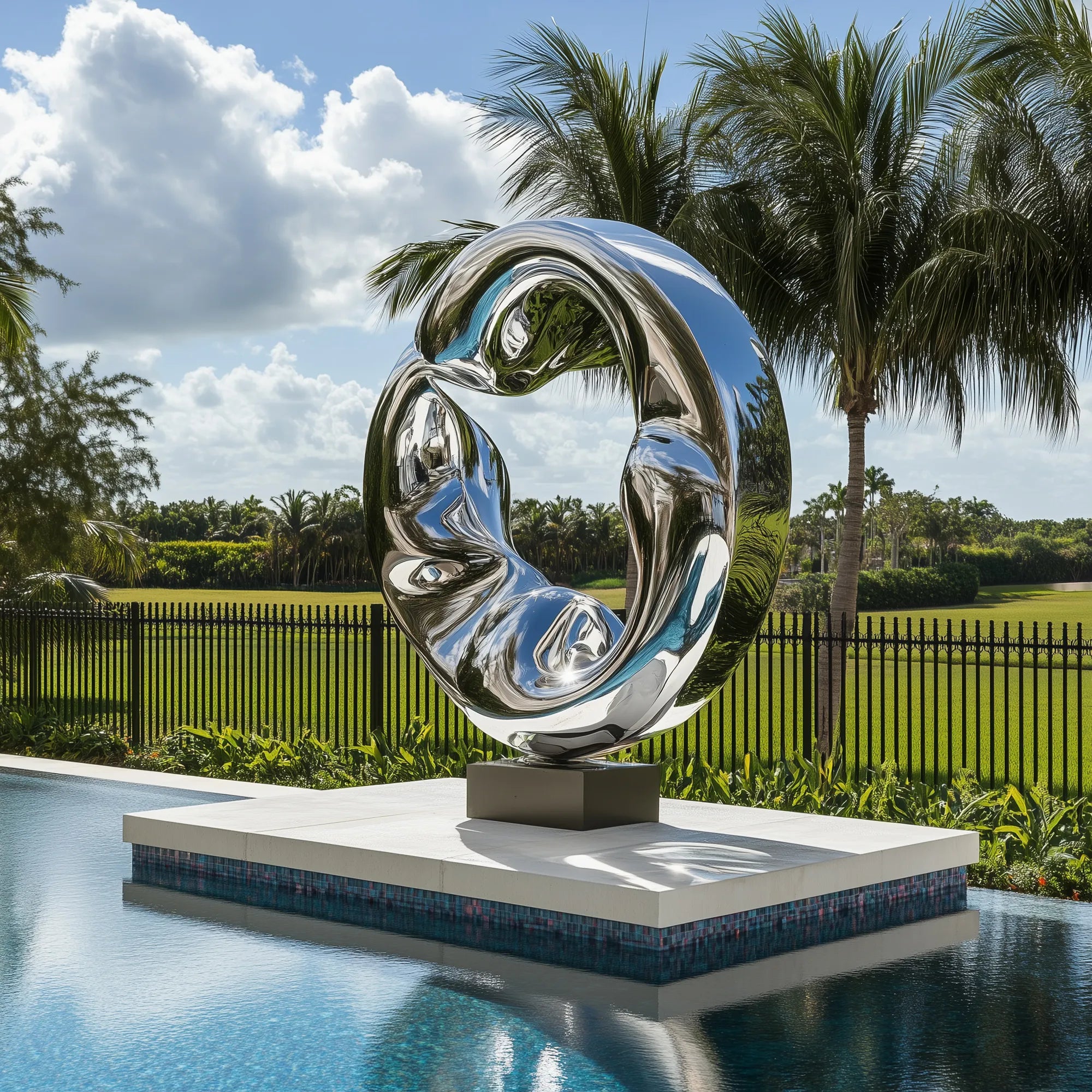 Contemporary stainless steel ring sculpture with waveform design for poolsides.