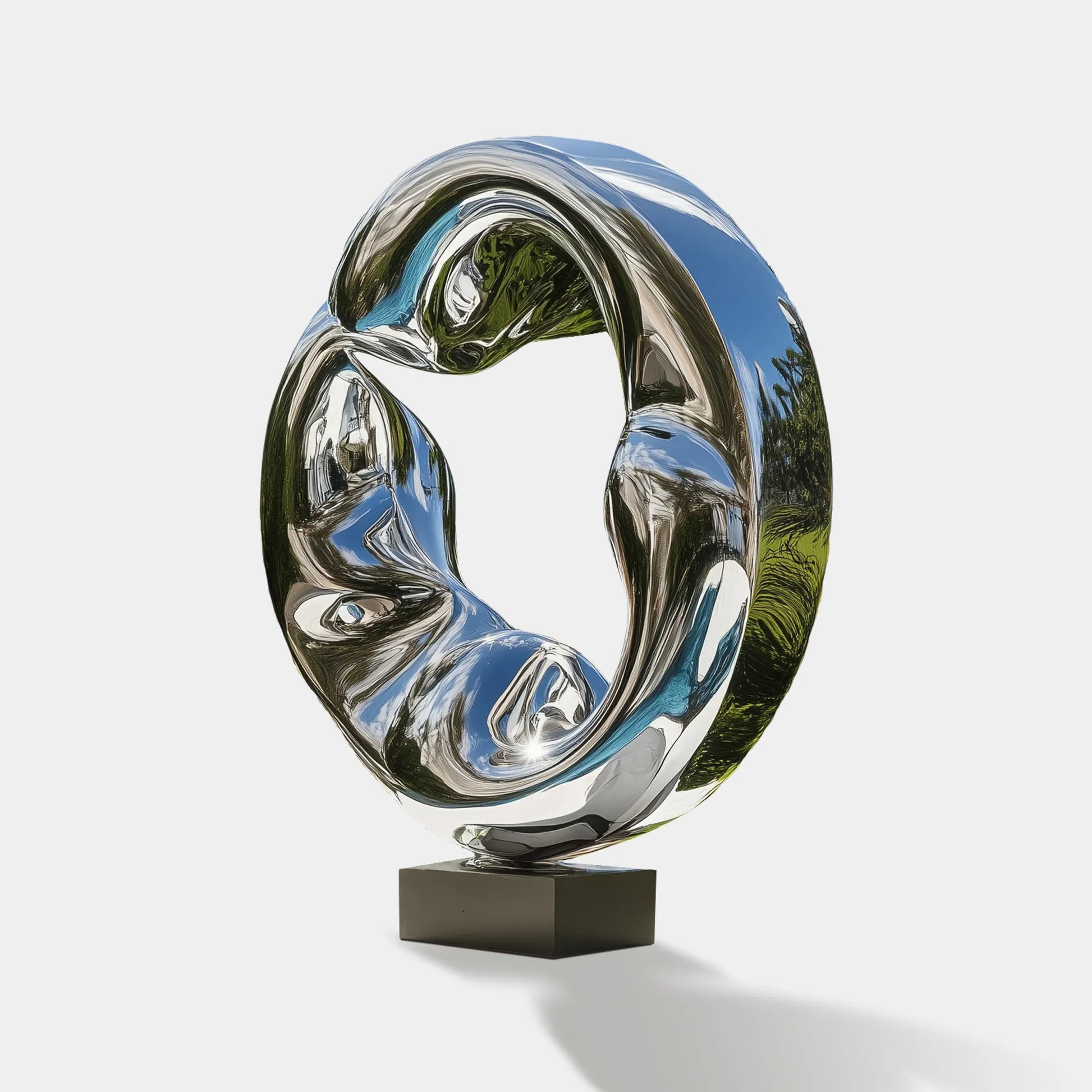 Contemporary stainless steel ring sculpture with waveform design for poolsides.