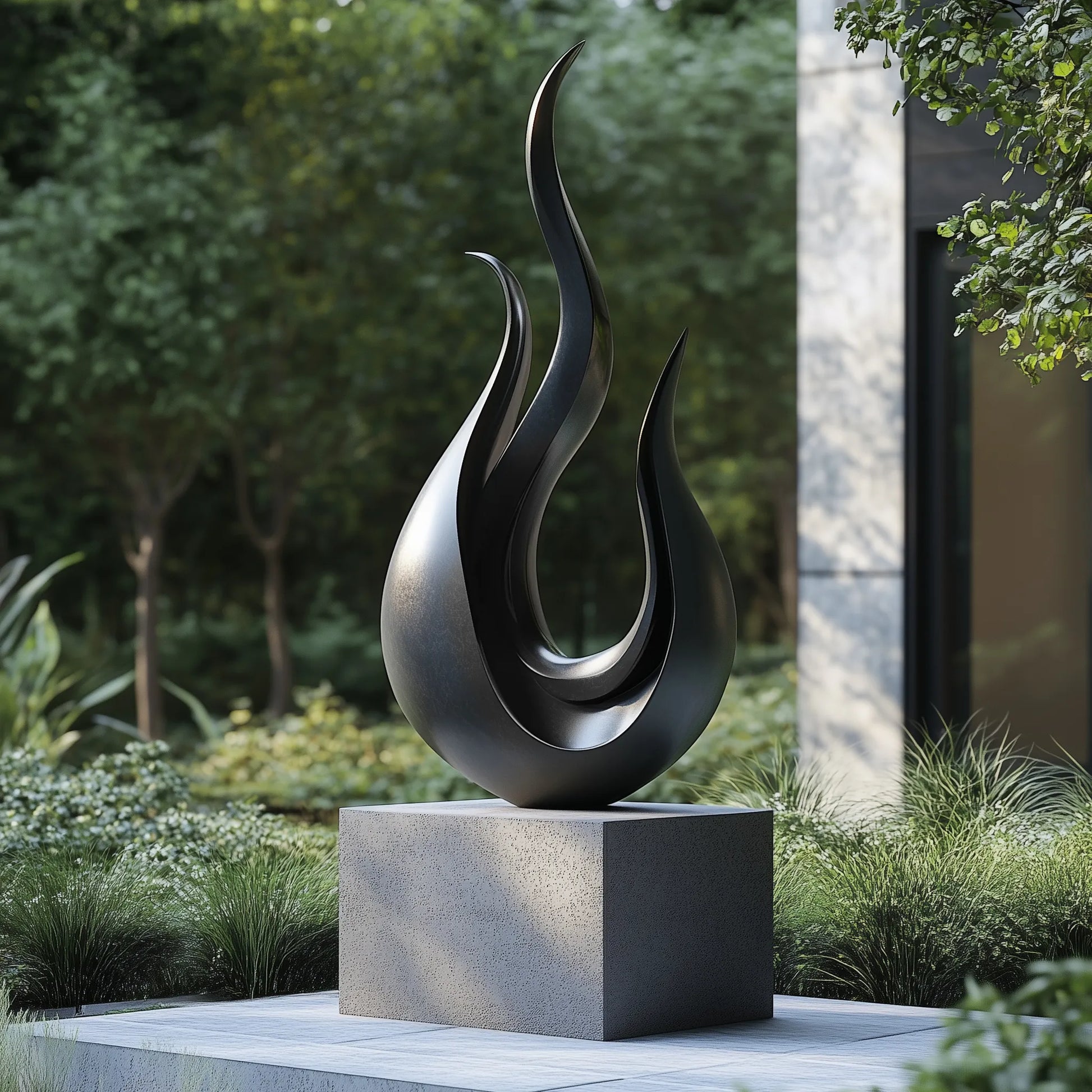 Modern stainless steel abstract flame sculpture with for villas, gardens, plazas, and interiors.