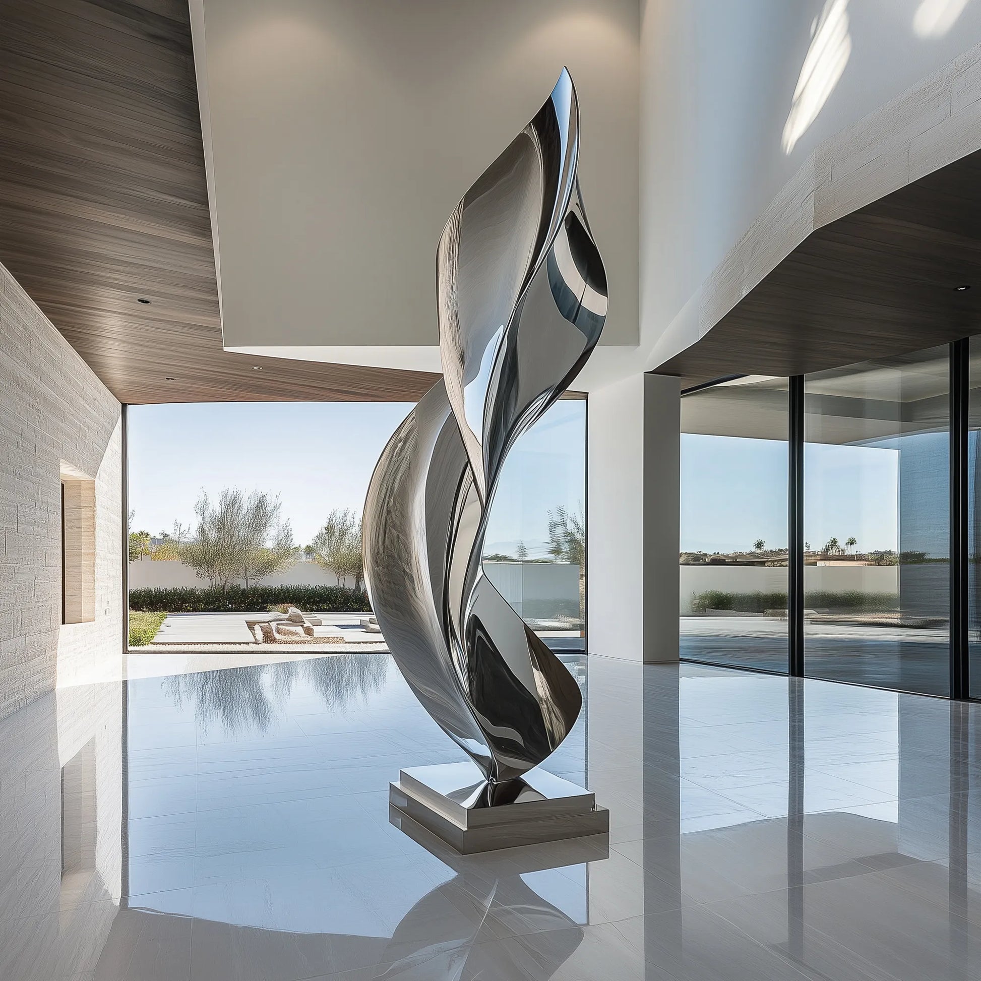 Abstract stainless steel floor sculpture with flowing design for modern interiors and villas.