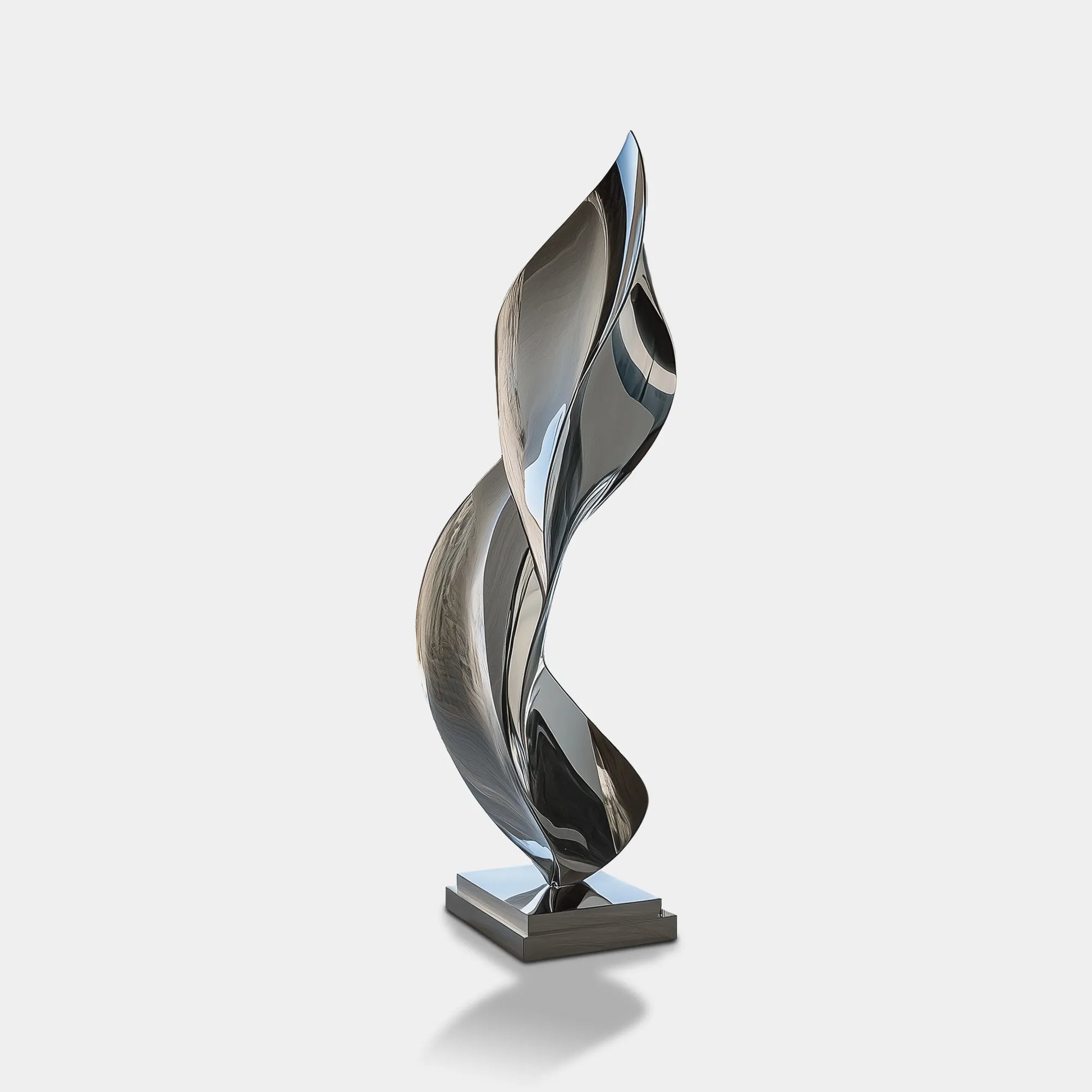 Abstract stainless steel floor sculpture with flowing design for modern interiors and villas.