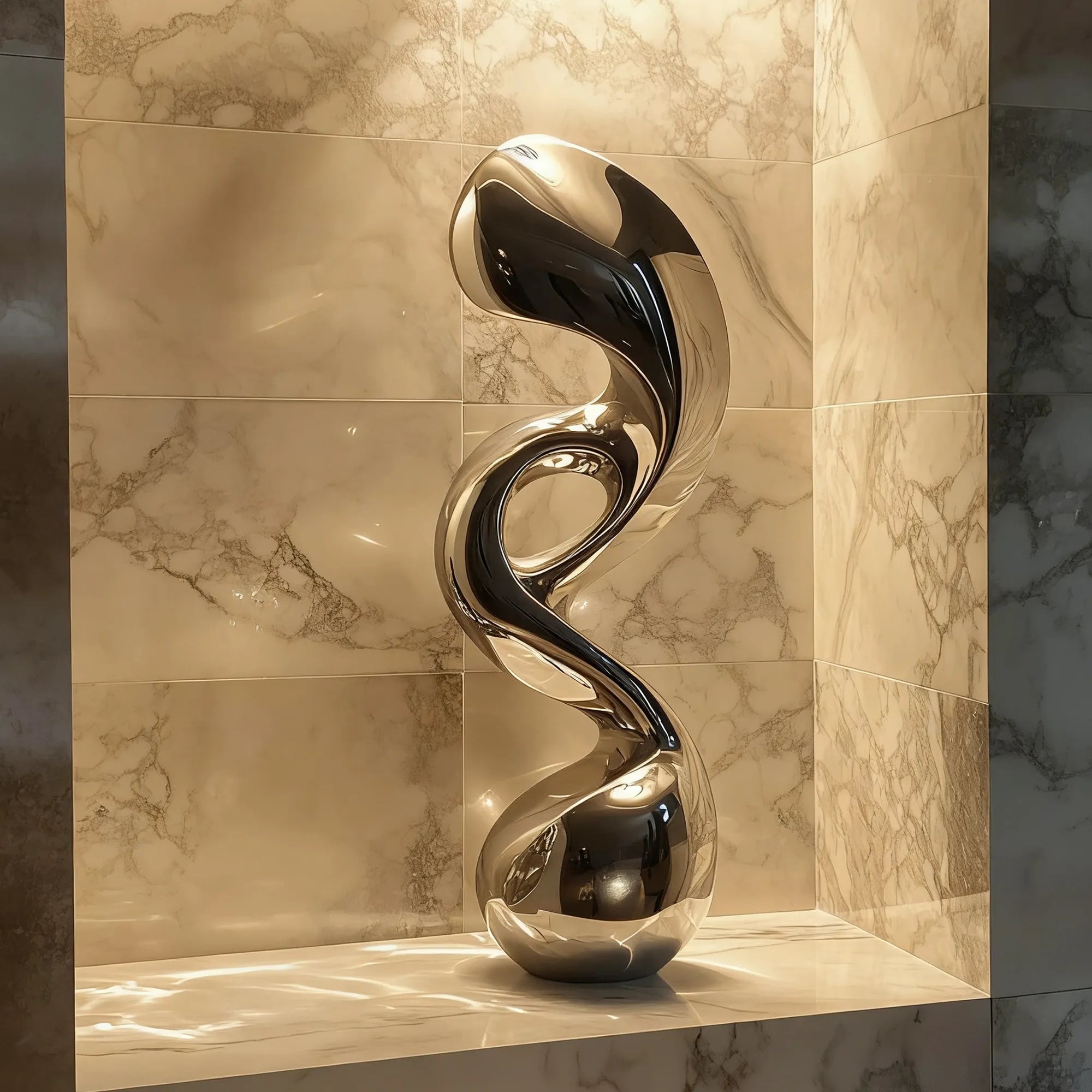 Modern stainless steel tabletop sculpture with abstract design, ideal for luxury interiors and offices.