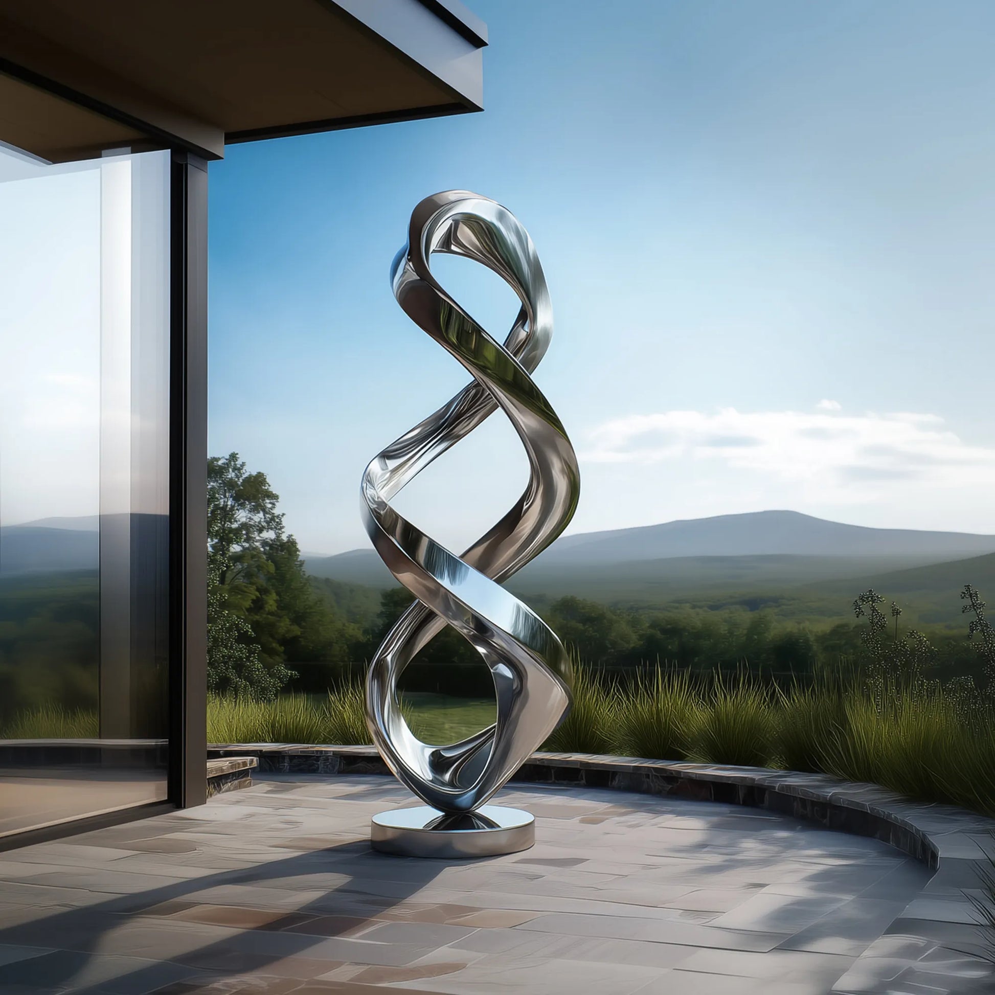 Modern stainless steel sculpture with a spiral design for outdoor settings