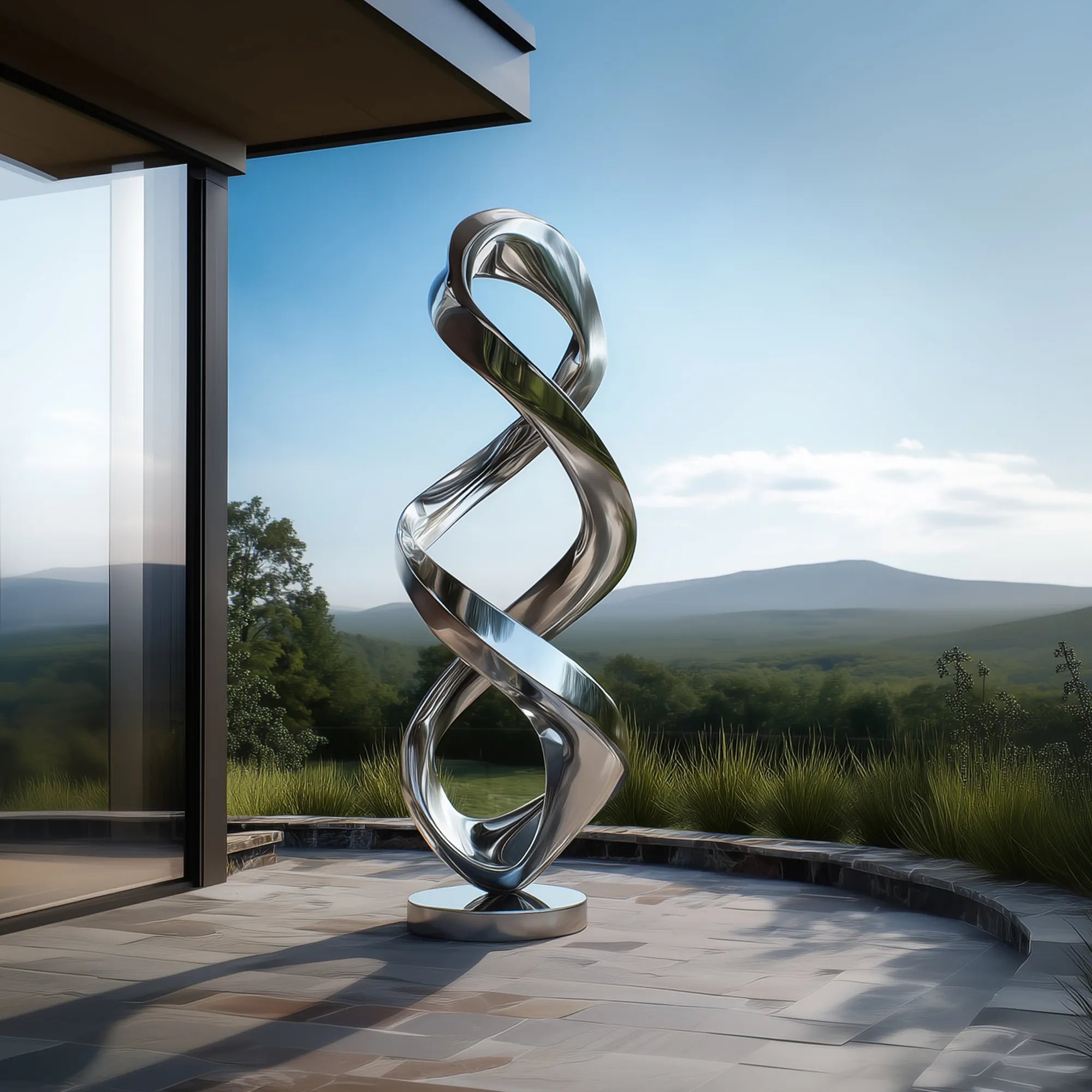 Modern stainless steel sculpture with a spiral design for outdoor settings