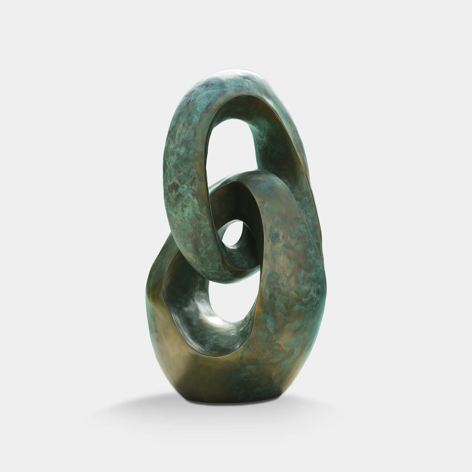 Abstract hand-cast bronze sculpture with verdigris patina, modern outdoor art statue for garden, villa, or poolside decor.