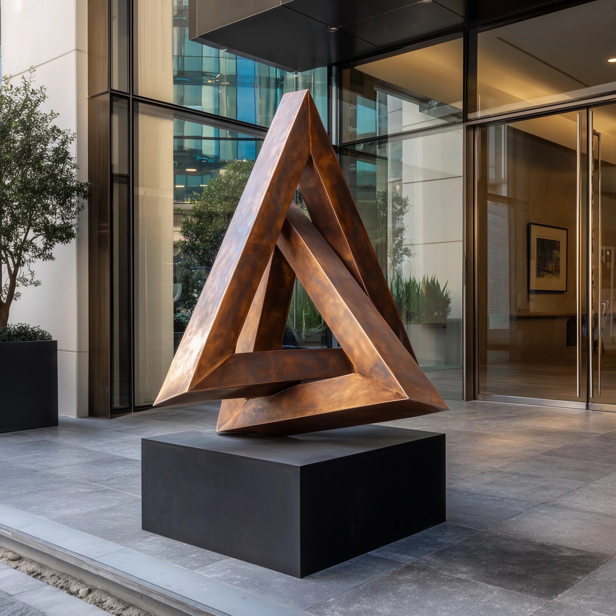 Bronze geometric triangle sculpture with layered form placed at a modern building entrance.