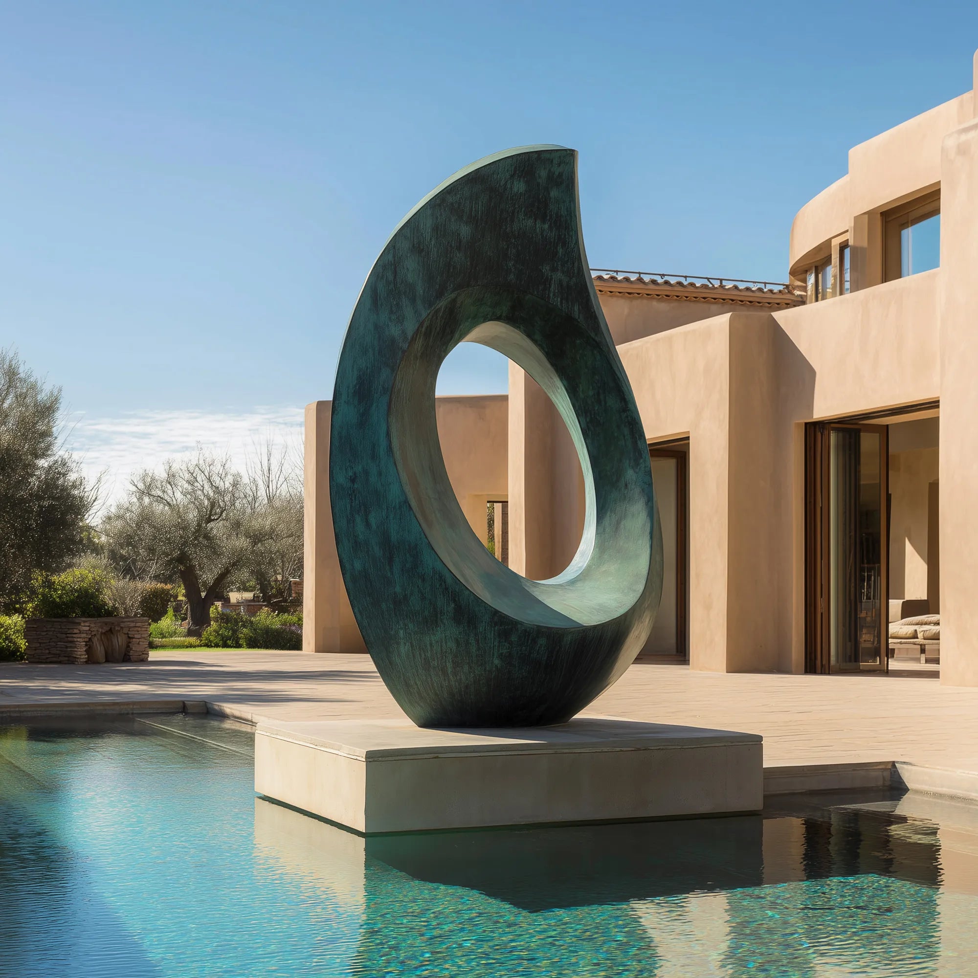 Patinated bronze oval sculpture with hollow center displayed outdoors near a pool