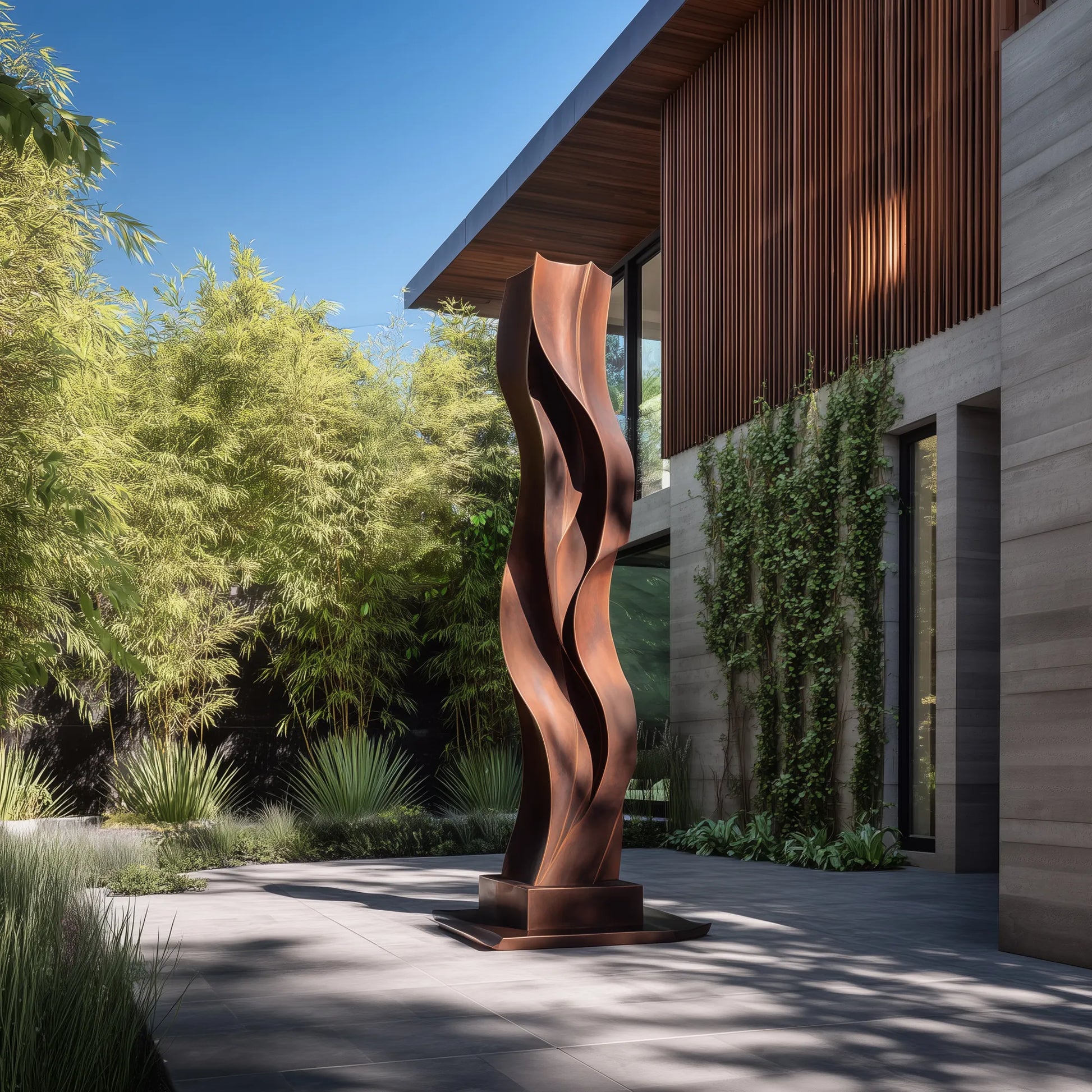 Bronze outdoor sculpture with layered wave form placed in a modern garden.