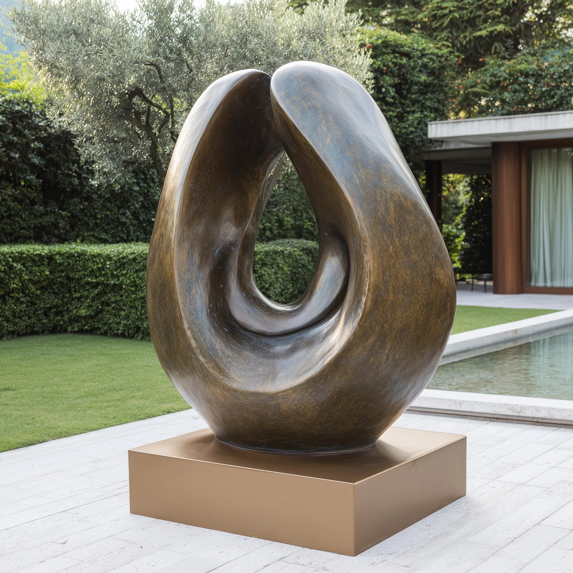 Bronze abstract sculpture with an open shape displayed outdoors.