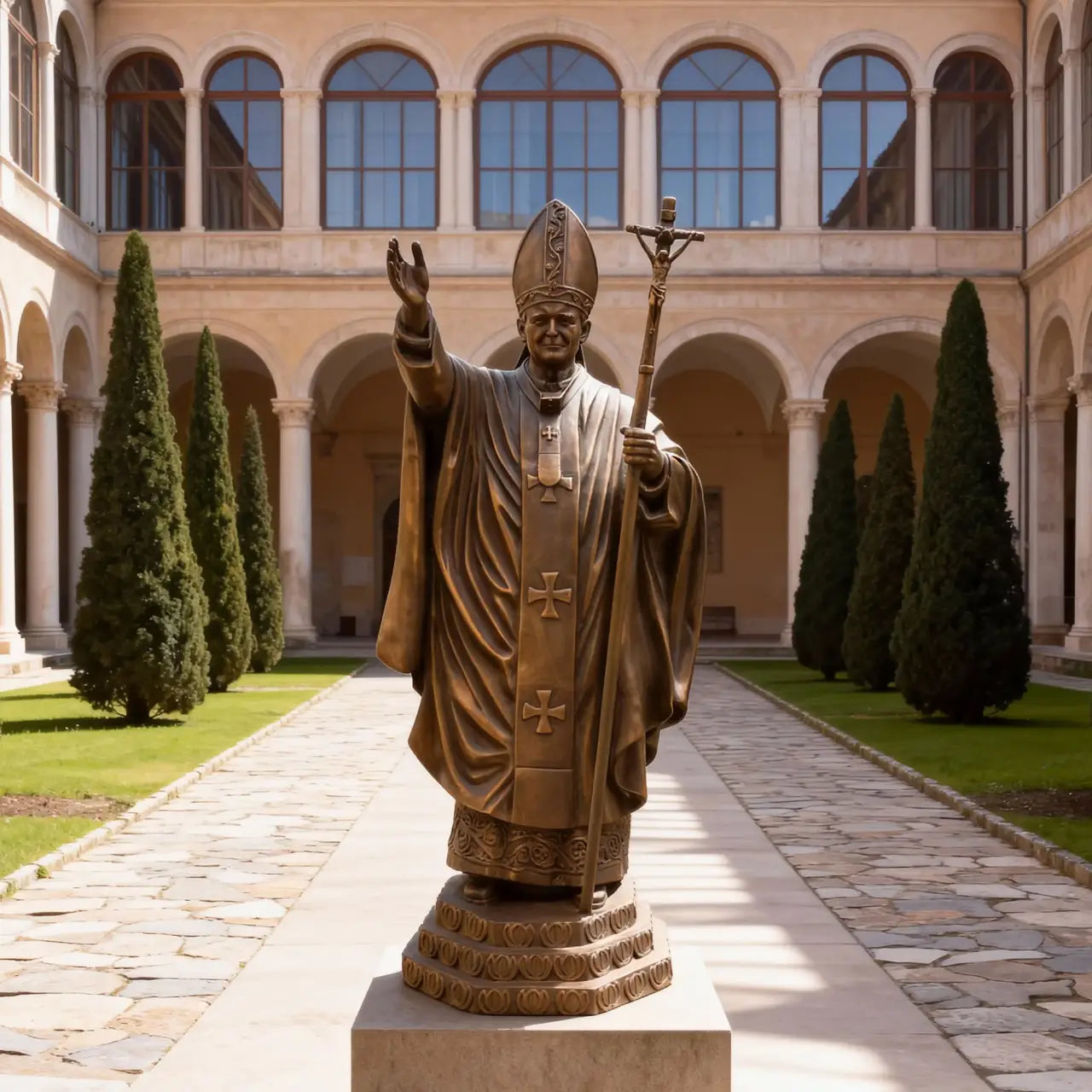 Bronze statue of a religious leader raising a hand in blessing.