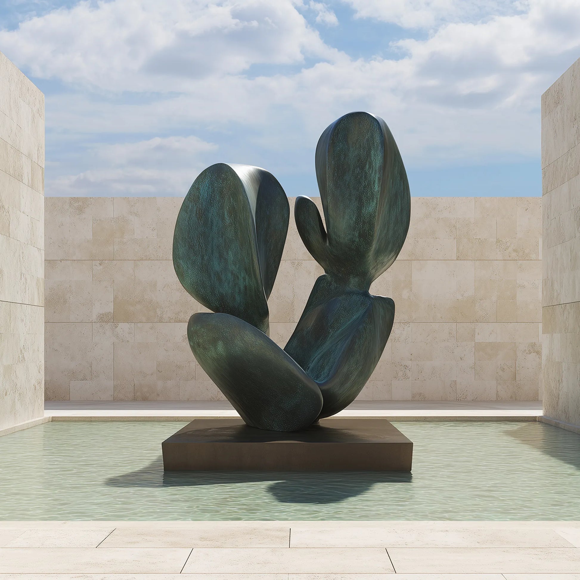 Cactus-inspired bronze sculpture with rounded forms positioned over a shallow pool.