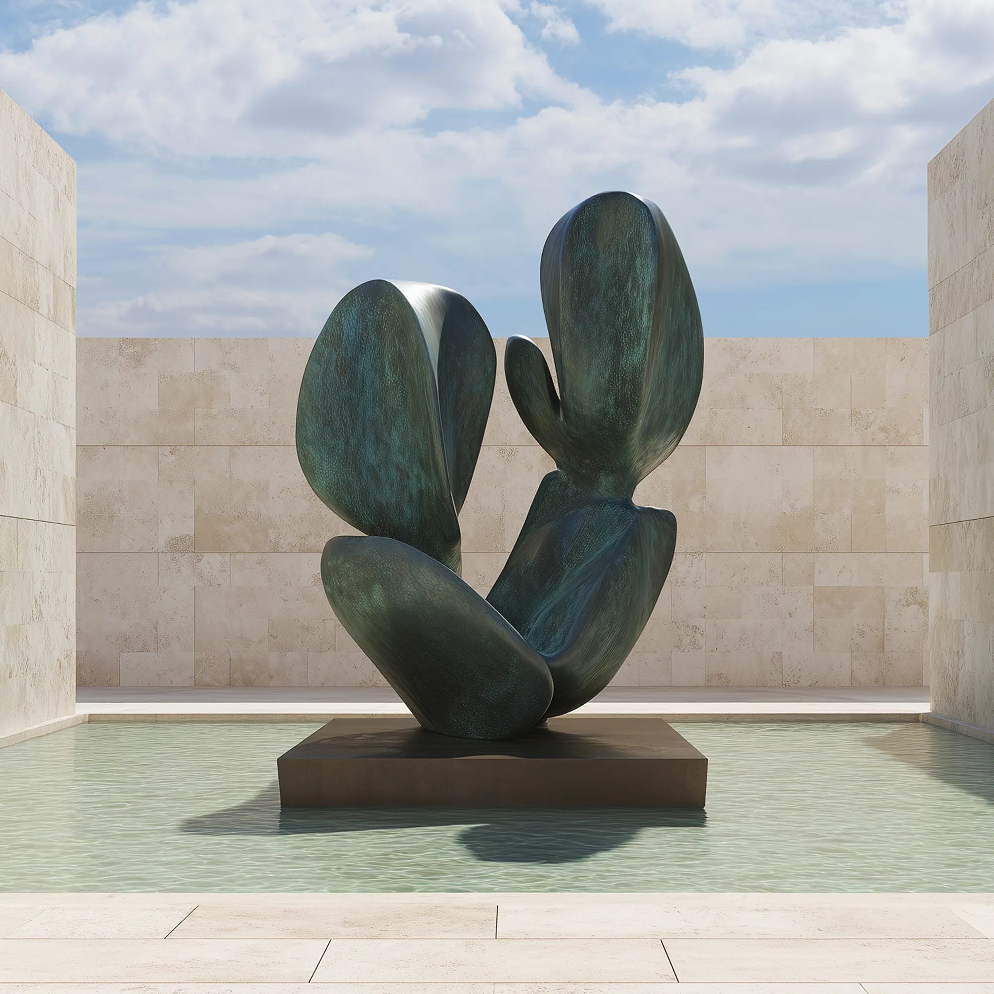 Cactus-inspired bronze sculpture with rounded forms positioned over a shallow pool.