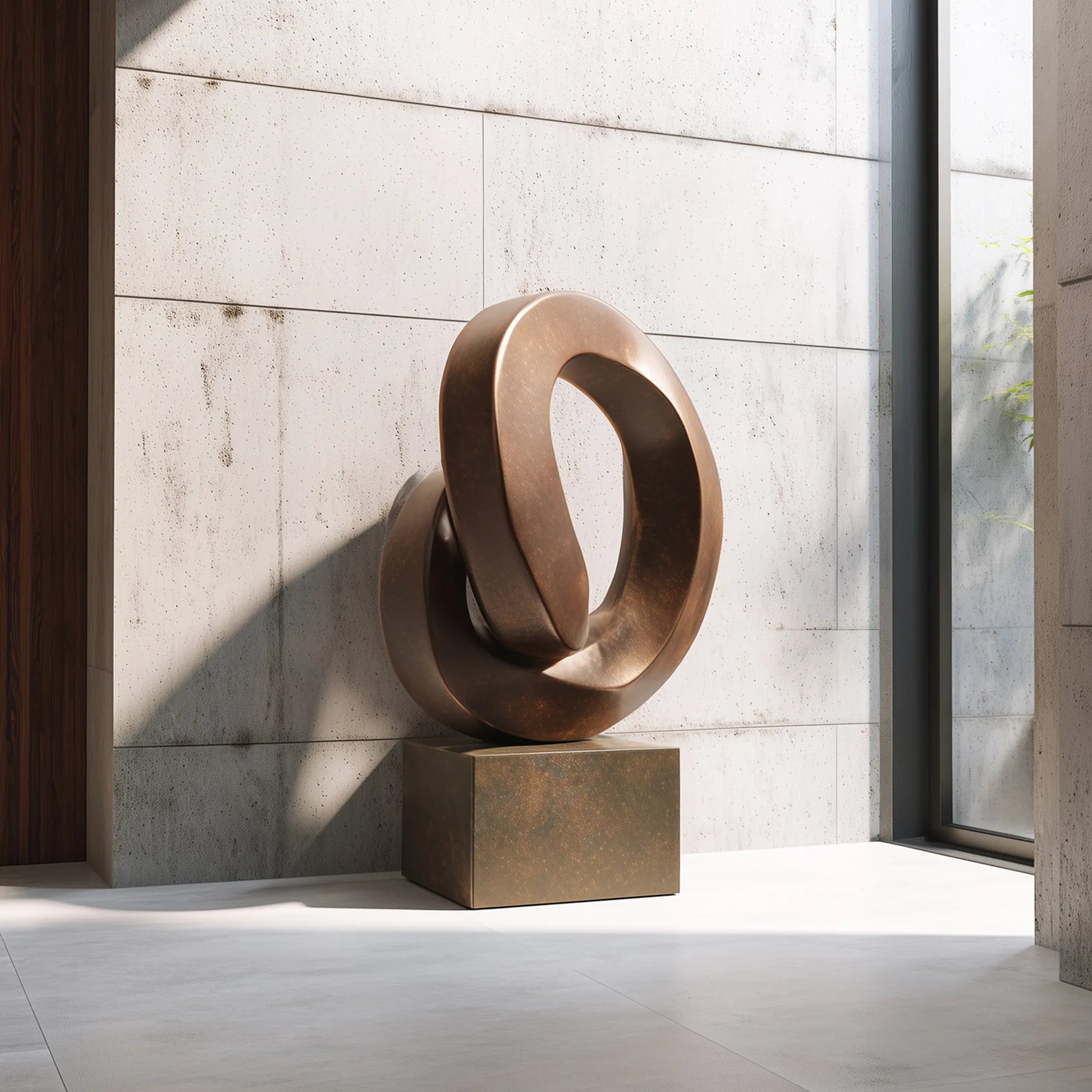Interlocking bronze loop sculpture displayed in a modern interior.
