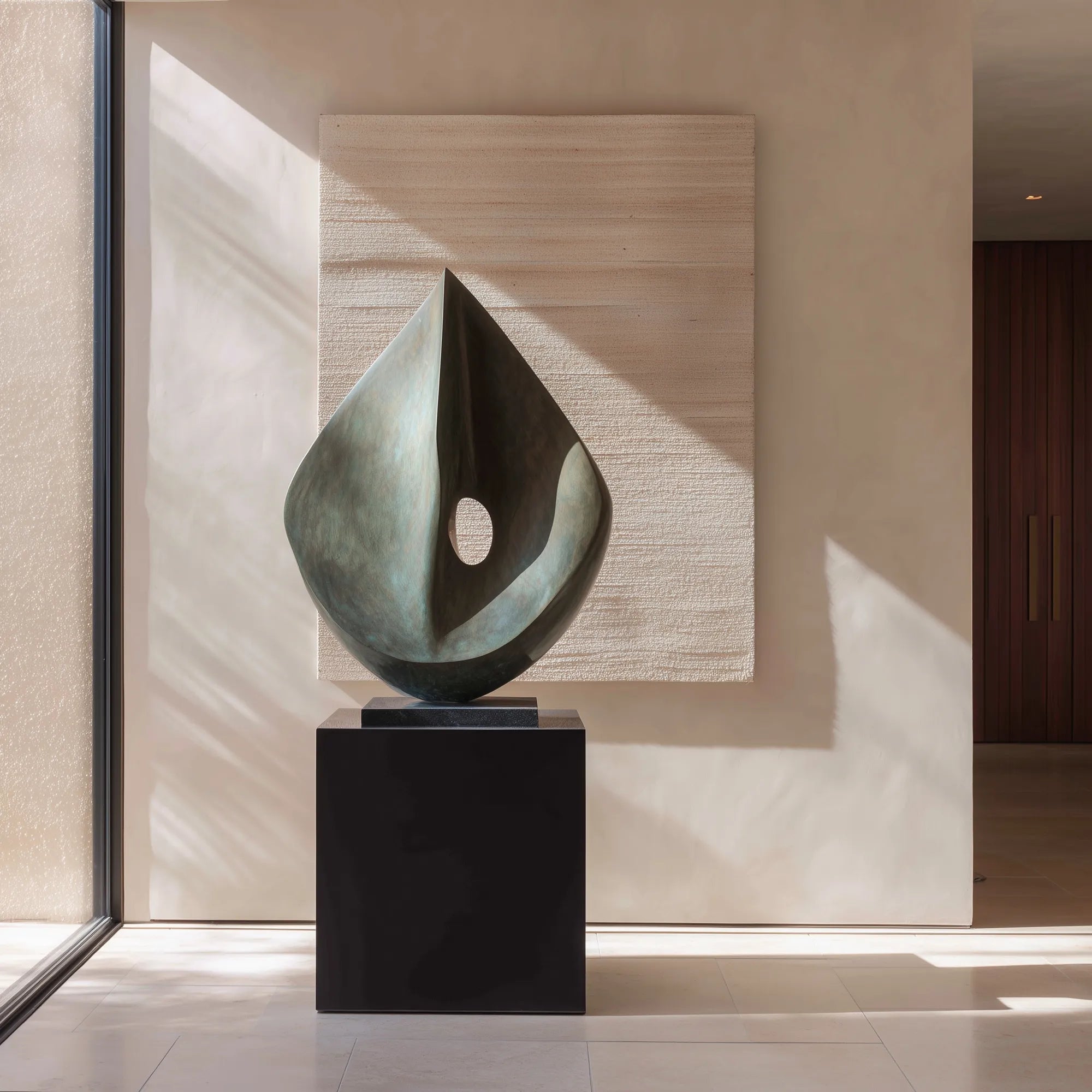 Leaf-like bronze sculpture with curved contours placed on a square pedestal.