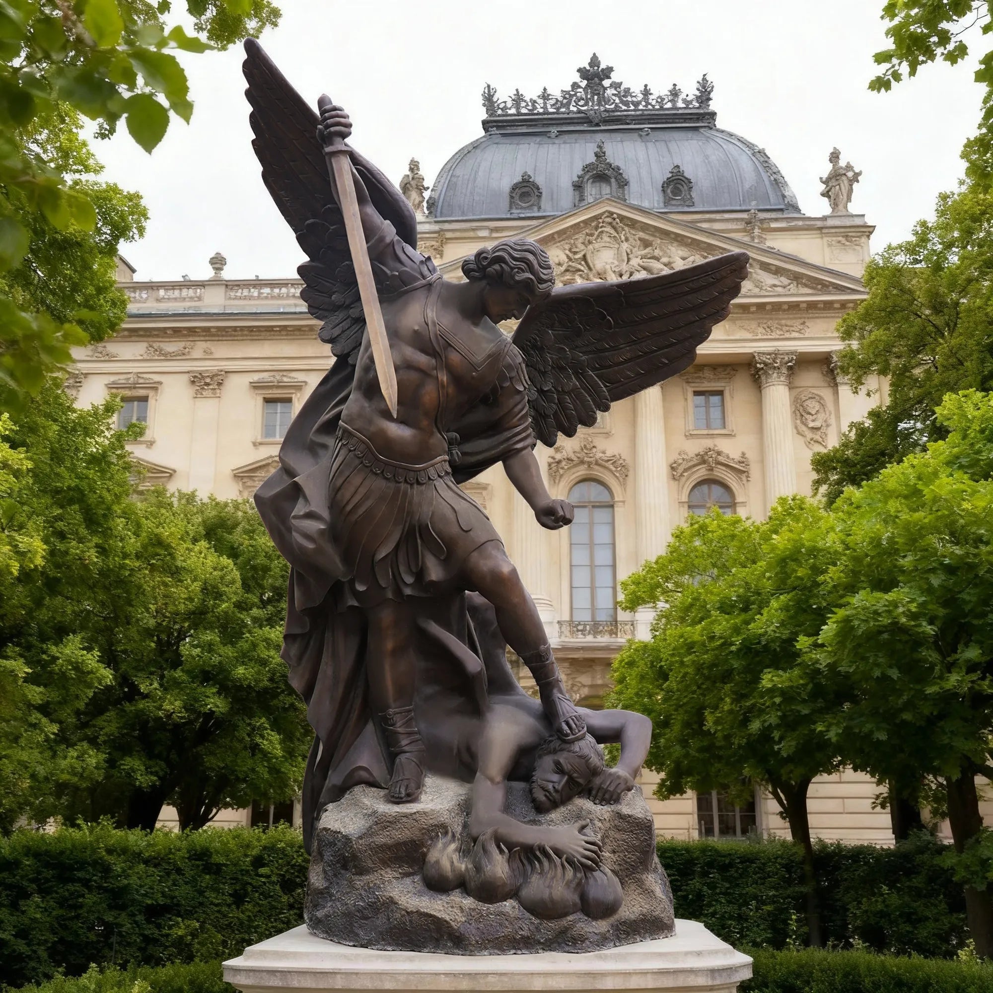 Bronze archangel sculpture with sword and wings for cathedral and memorial settings