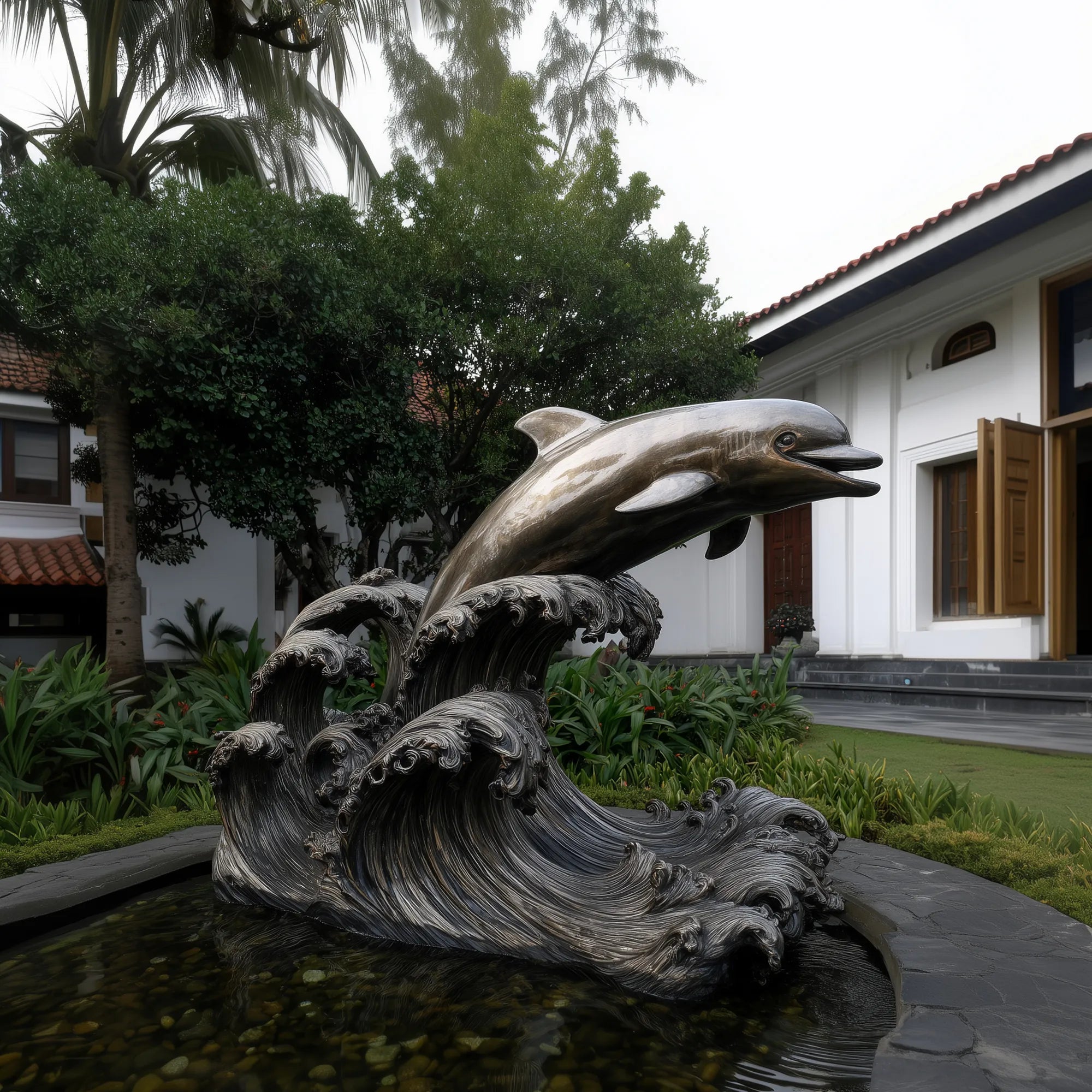 Bronze dolphin sculpture leaping over ocean waves in garden