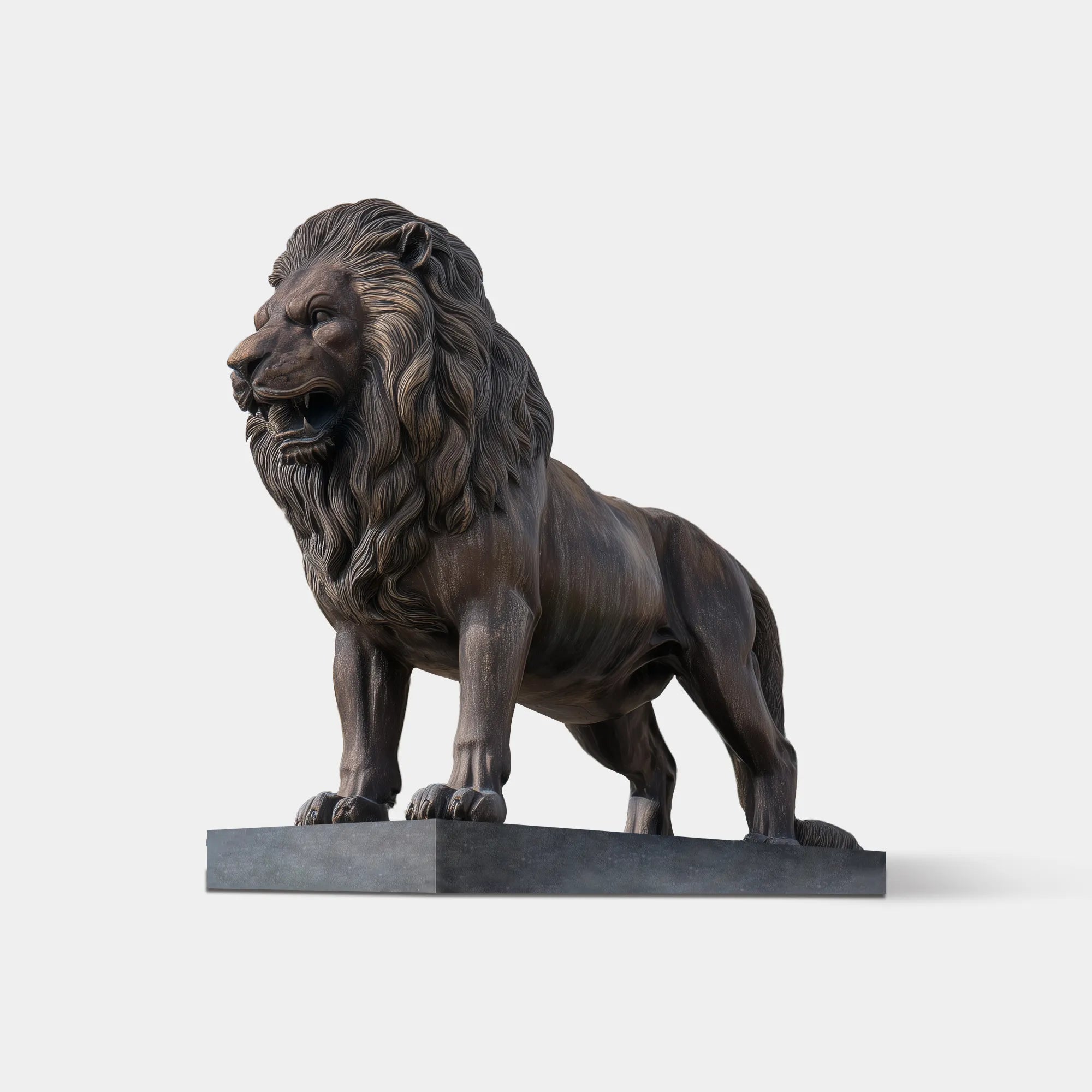 Bronze lion statue standing on a stone pedestal in front of a historic classical building with domes and ornate architecture