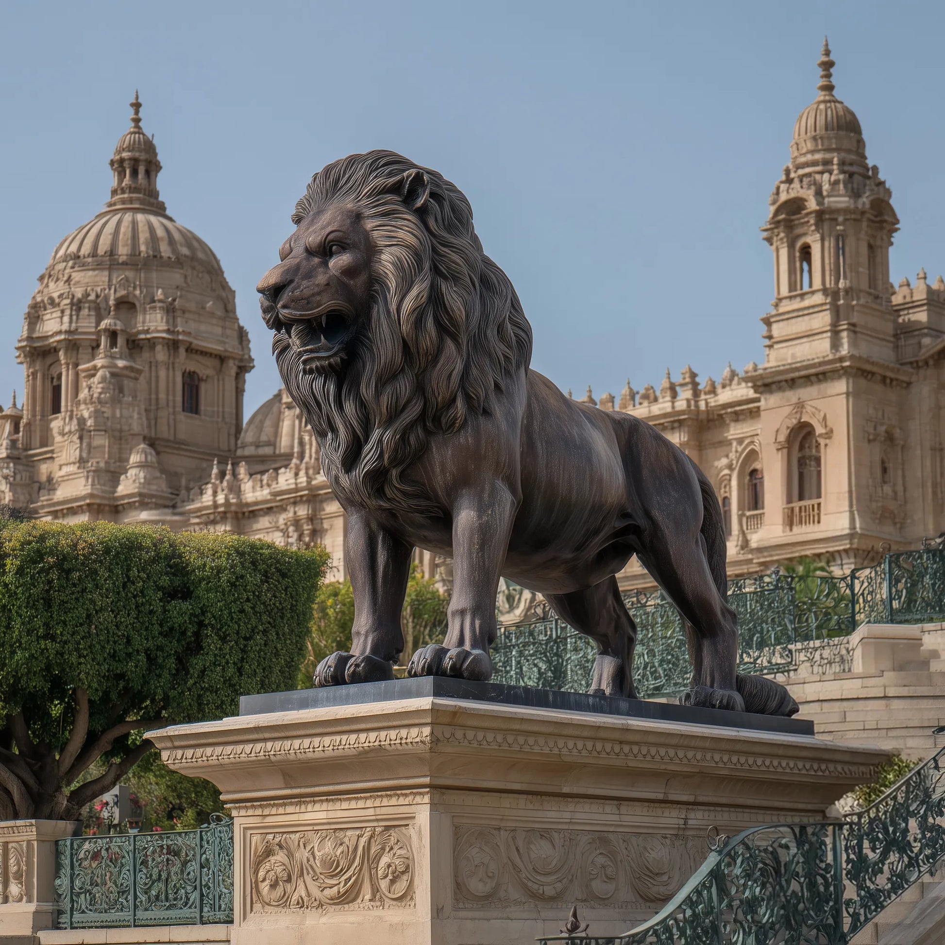 Bronze lion statue standing on a stone pedestal in front of a historic classical building with domes and ornate architecture