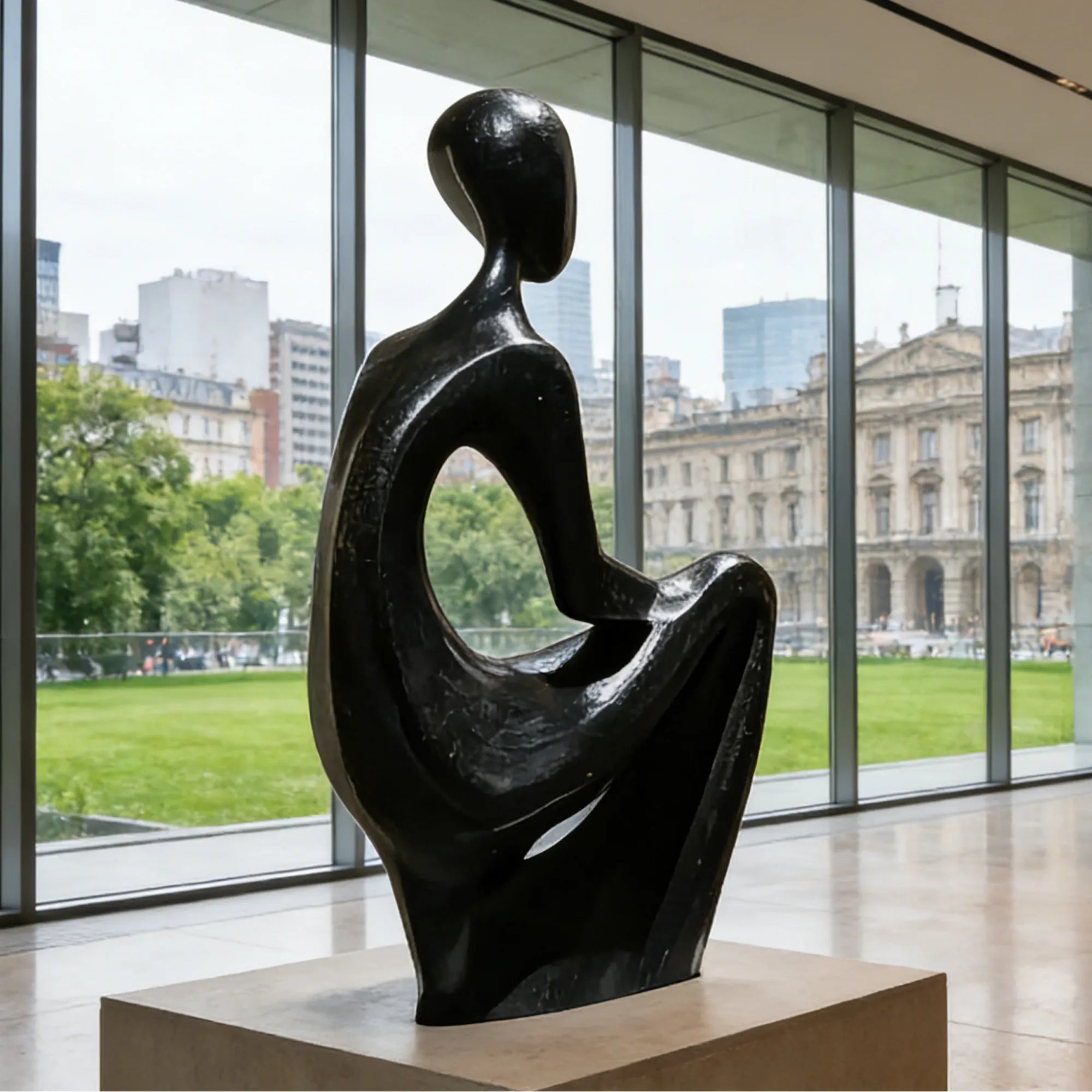 Black bronze abstract seated figurative sculpture on a pedestal in a modern glass-walled gallery space. 