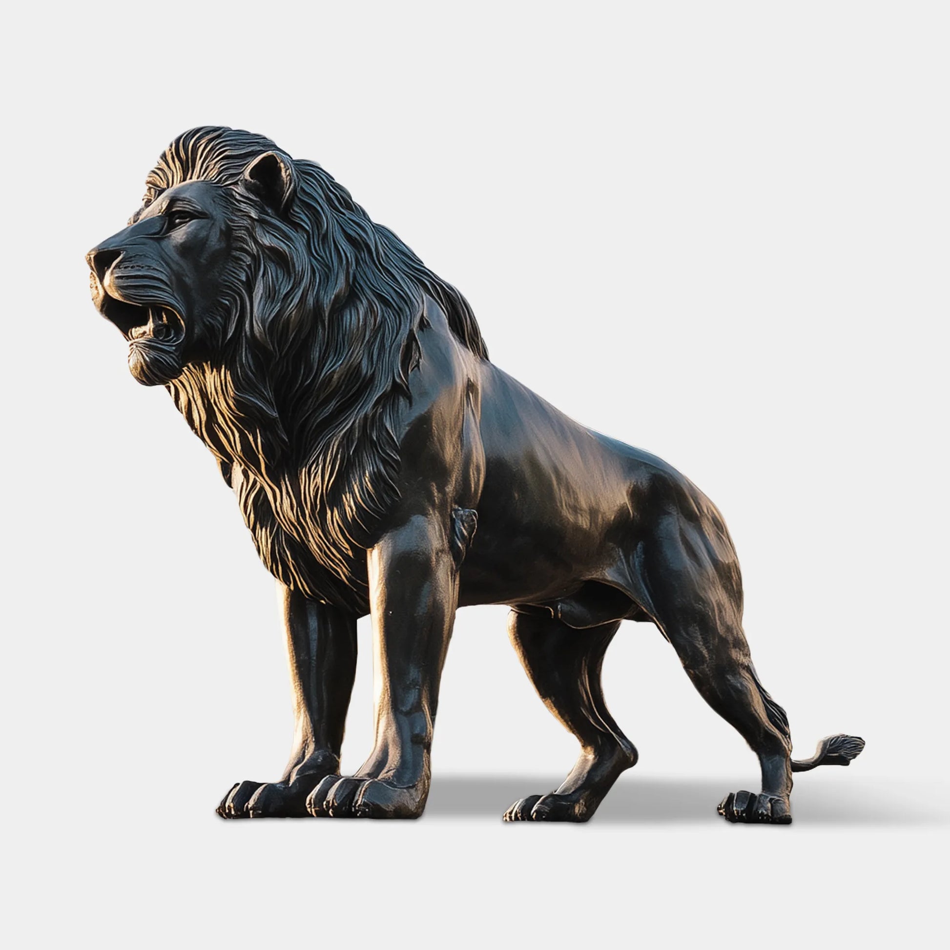 Dark bronze lion sculpture standing on a black stone base in front of a modern luxury villa exterior.