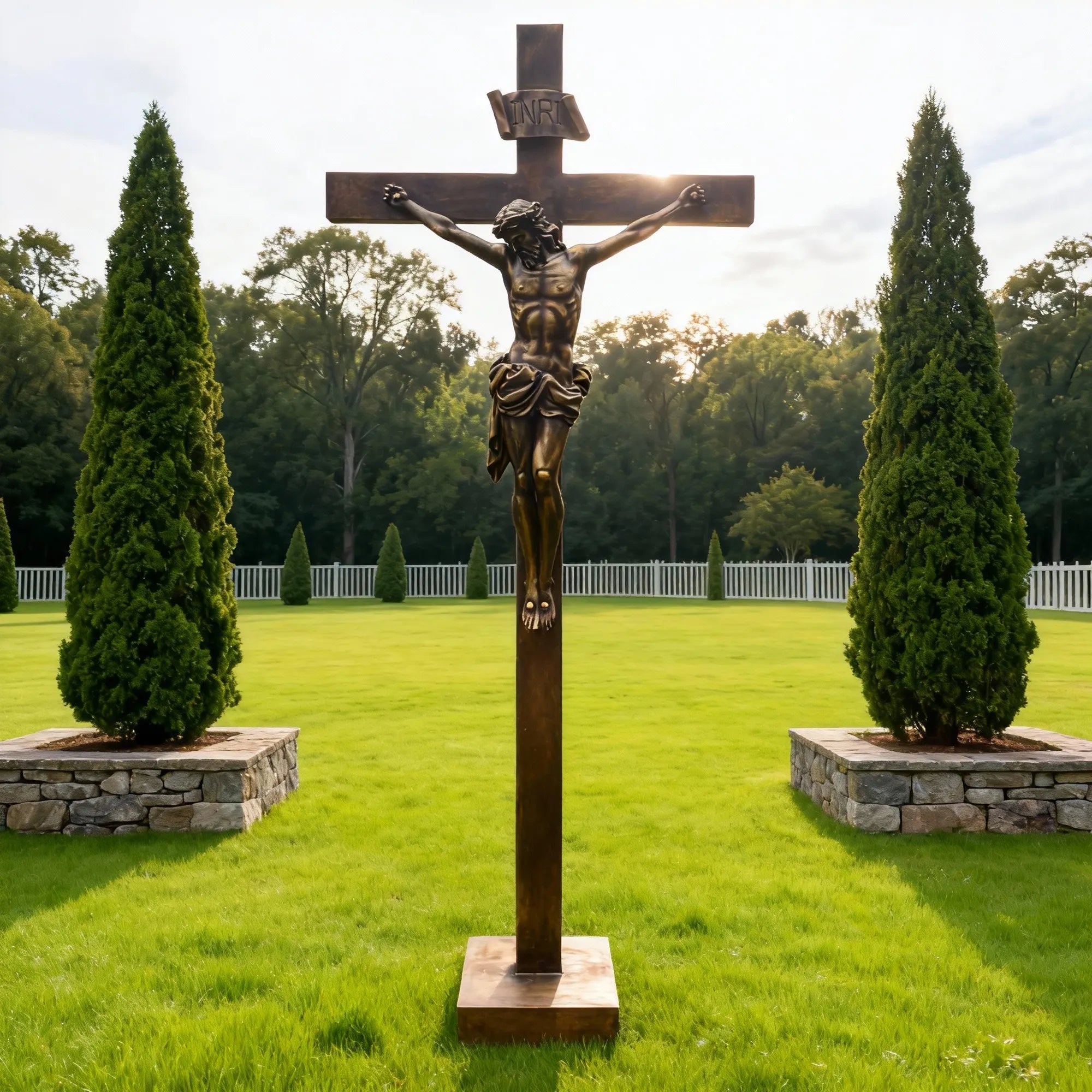 Bronze crucifix religious statue with Jesus figure mounted on a cross, displayed outdoors on a lawn between two tall evergreen trees.