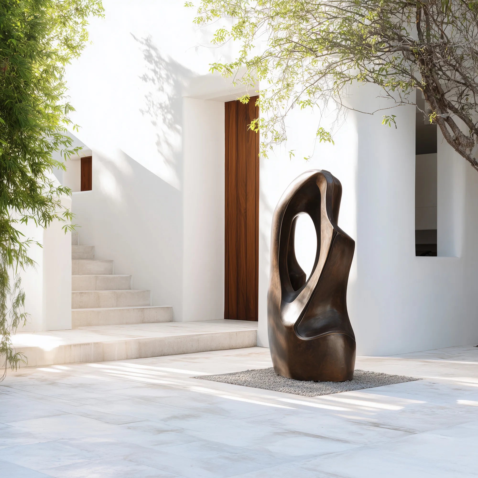 Bronze abstract organic sculpture near white stone steps and modern villa entrance under trees