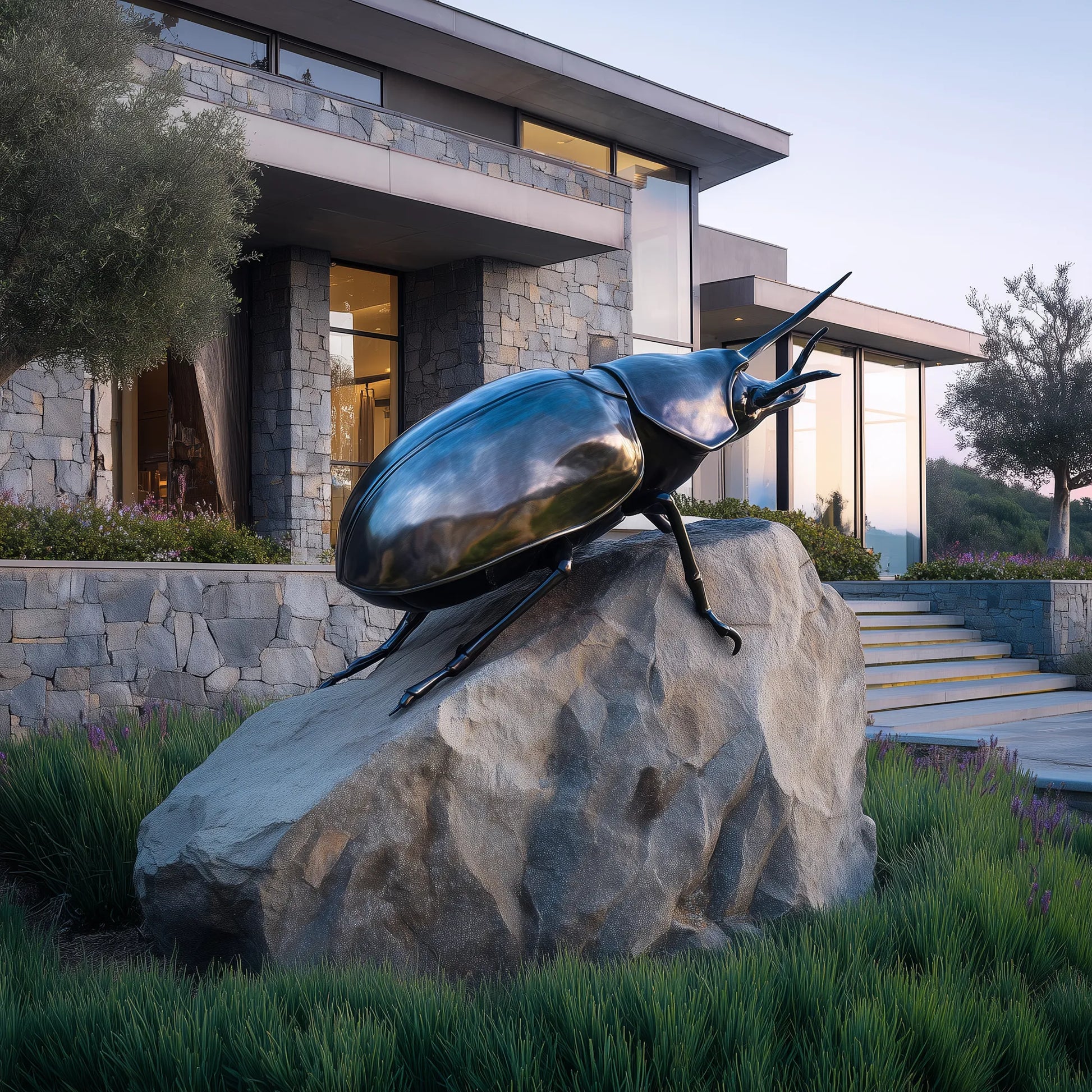 Large bronze beetle sculpture on natural stone boulder in front of modern luxury villa and landscaped garden