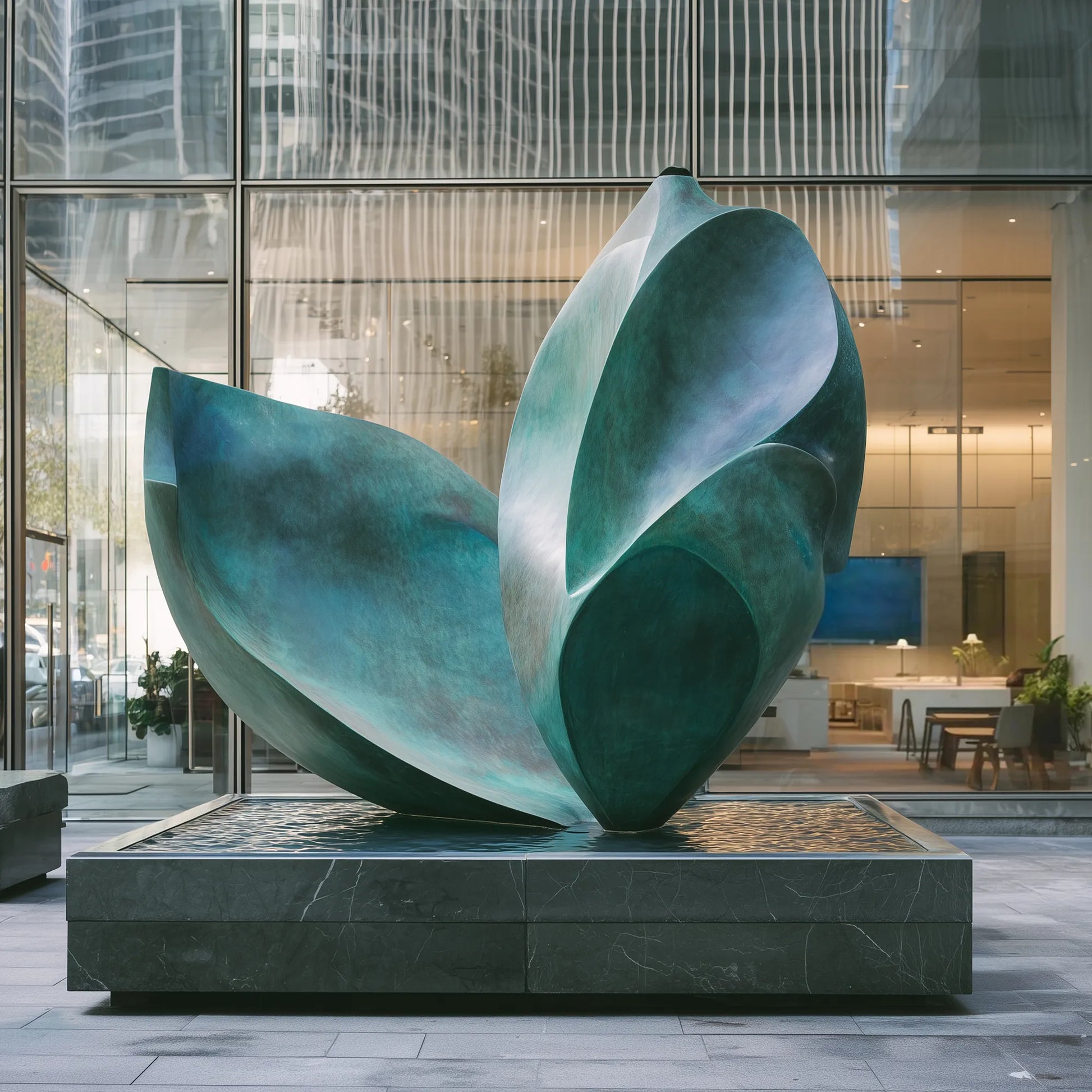 Abstract bronze organic form sculpture on stone base in corporate lobby atrium with glass walls and water feature