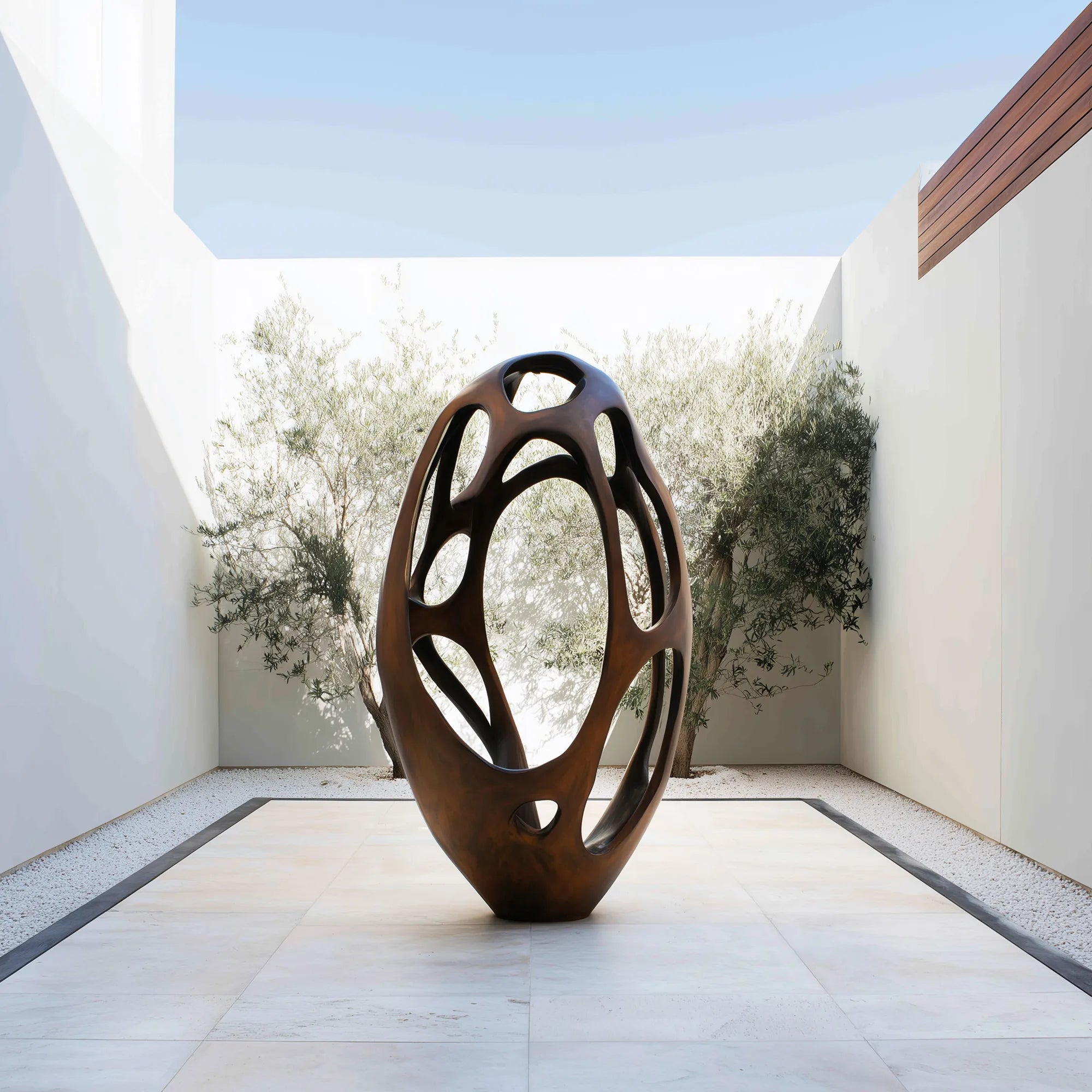 Hollow bronze abstract sculpture with open cut-out design in a modern courtyard with white walls and trees.