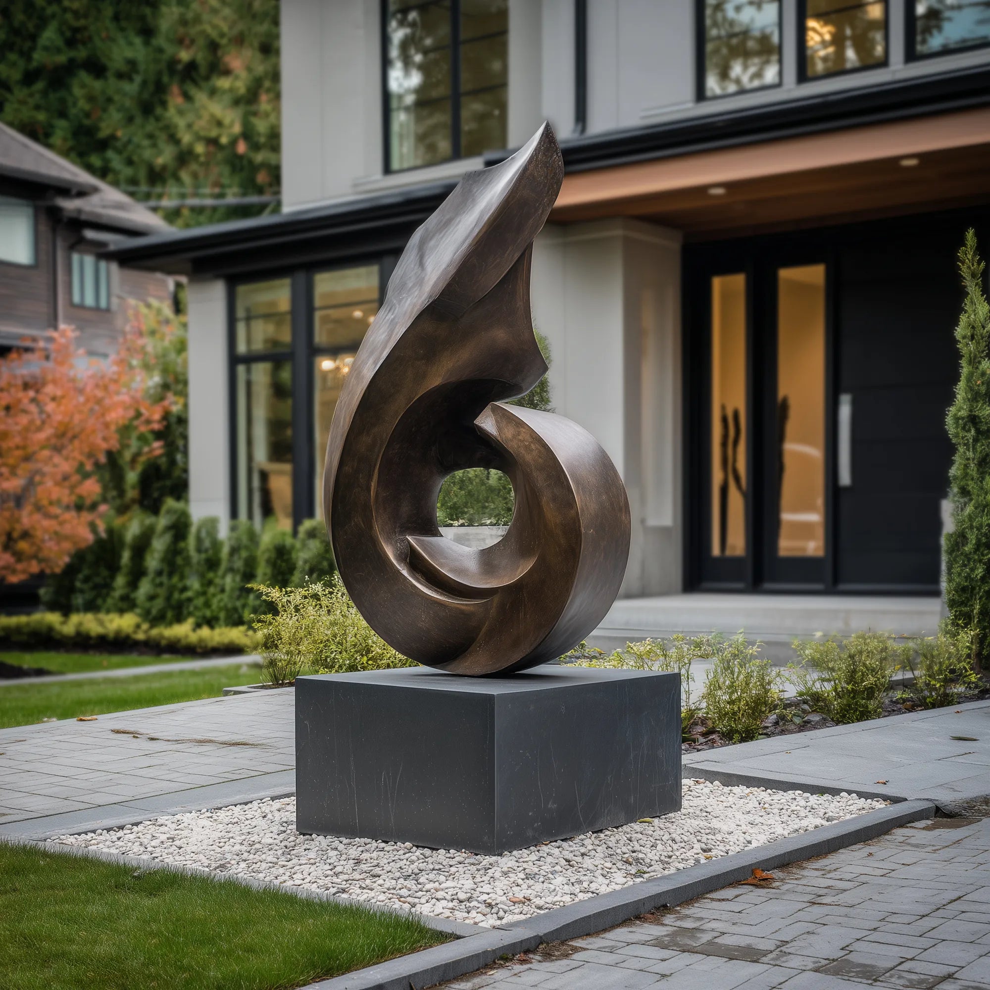 Abstract bronze spiral sculpture with smooth curved form and circular center on square pedestal in front yard entrance.
