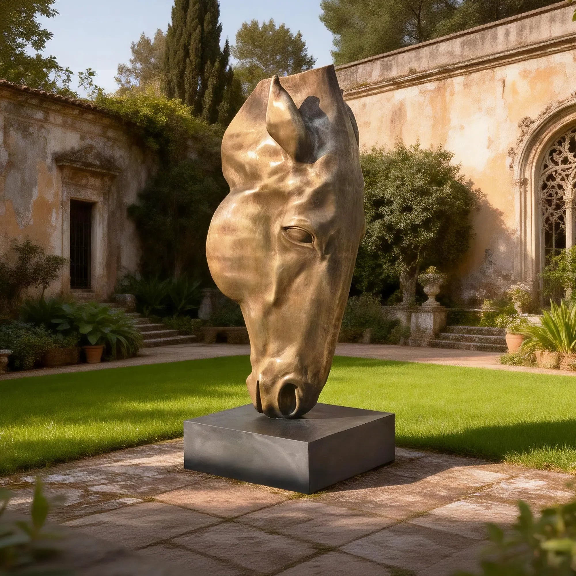 A bronze sculpture of a horse head in a garden with trees and a stone path.